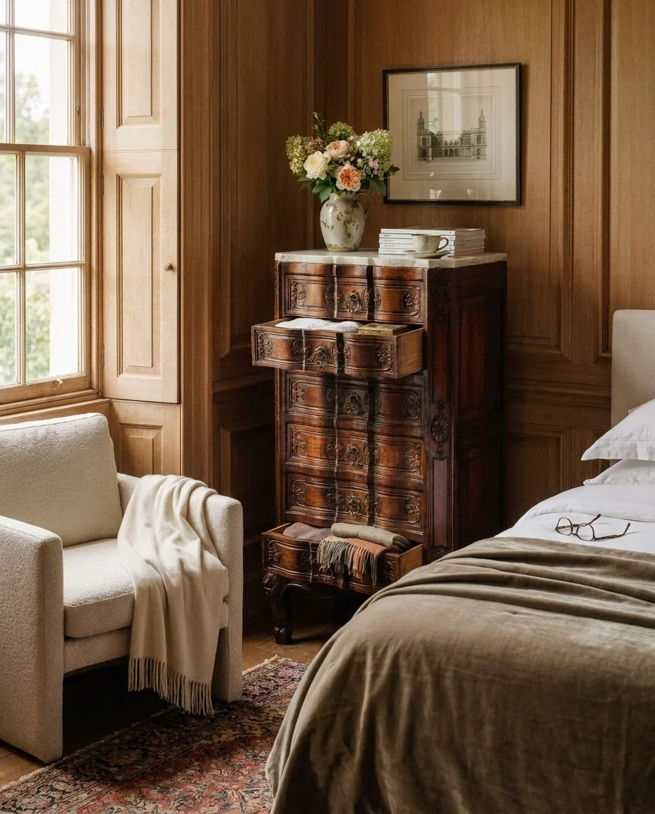 The Roseroot, the carved oak chest with a pale quartzite top, styled in a wood-paneled bedroom