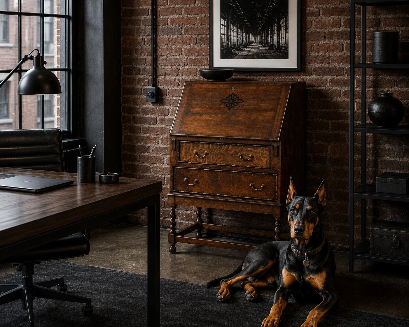 Tiger oak fall-front secretary desk against exposed brick in a loft study, barley-twist legs joined by a box stretcher