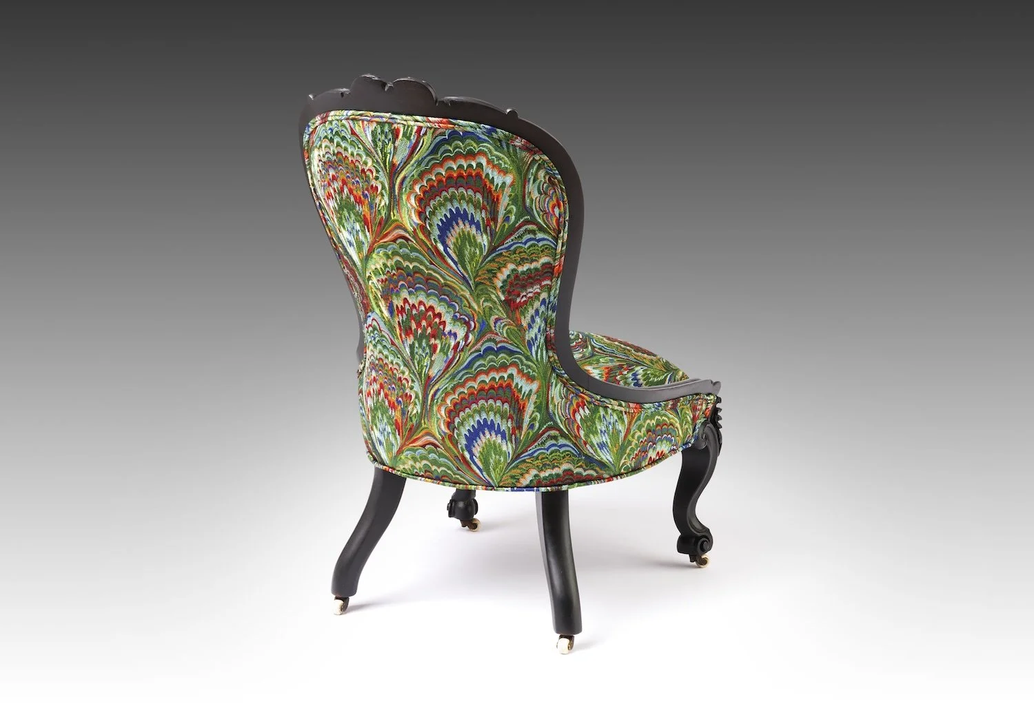 Victorian slipper chair in marbled Pierre Frey velvet with black carved frame. Luxury antique accent chair.