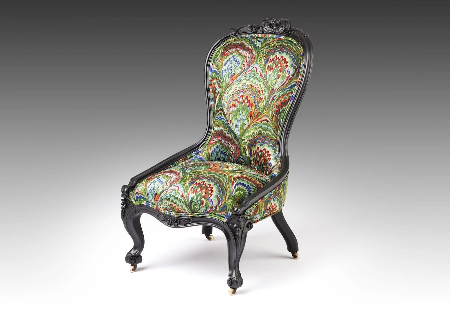 Victorian slipper chair in marbled Pierre Frey with black carved frame. Luxury antique haute couture accent chair.