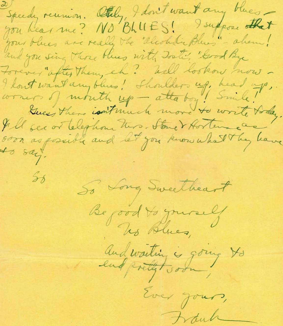 Final page of the 1919 handwritten letter, closing lines in green ink signed Ever yours, Frank