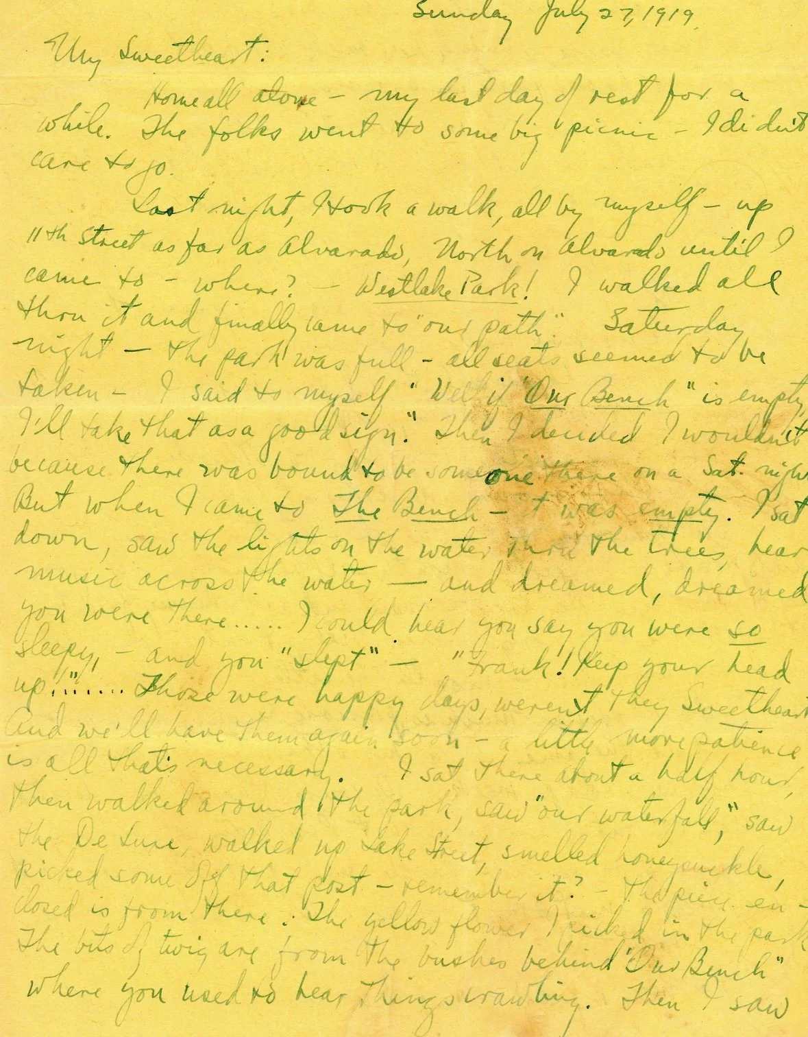 Handwritten 1919 love letter in green ink on yellowed paper, dated Sunday July 27 1919, with the words Our Bench underlined