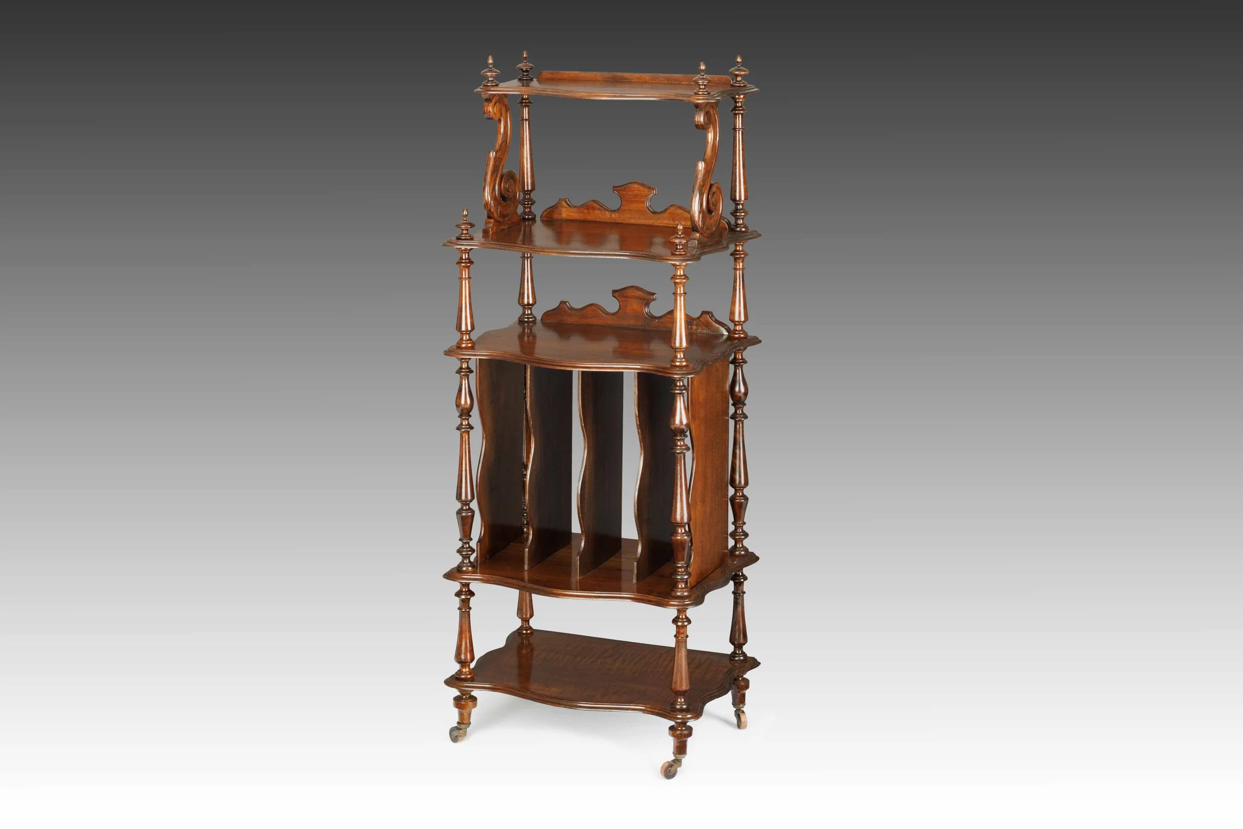 Full view of The Bracknell Whatnot, a tiered Victorian walnut stand with turned supports and ornate scrollwork.