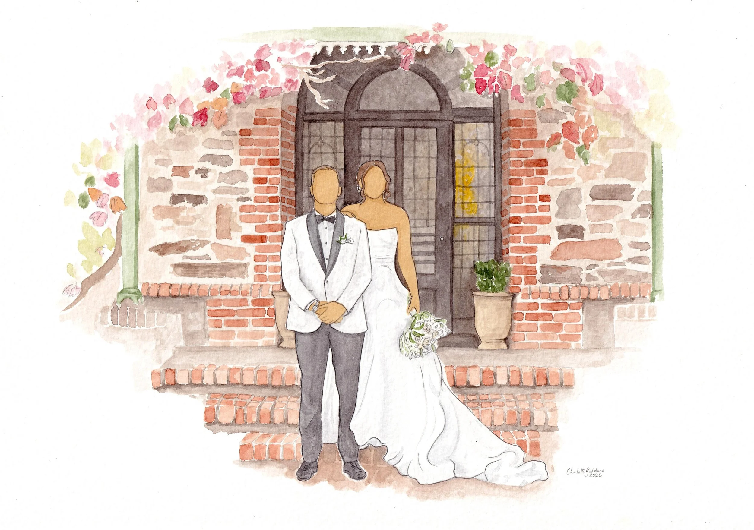 One of my favourite portraits to date 😍 the brickwork, the dress, the suit, everything! I illustrated for Claire &amp; Brady&rsquo;s guests at their wedding, and now they have their very own keepsake from the day too 🩷