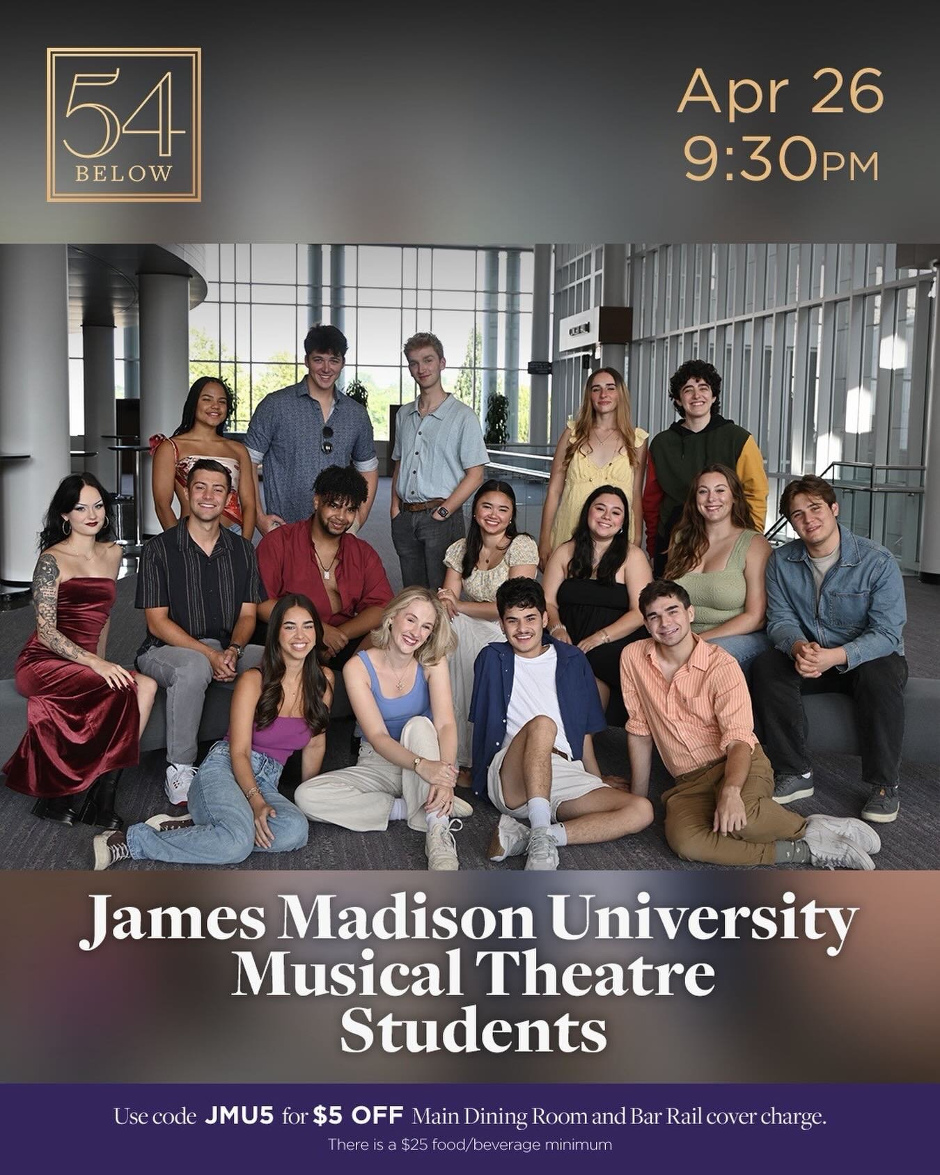 Come see @jmumusicaltheatre at @54below !! We are thrilled to be able to celebrate our growth over the past four years in this venue. April 26! Be there or be 🟪