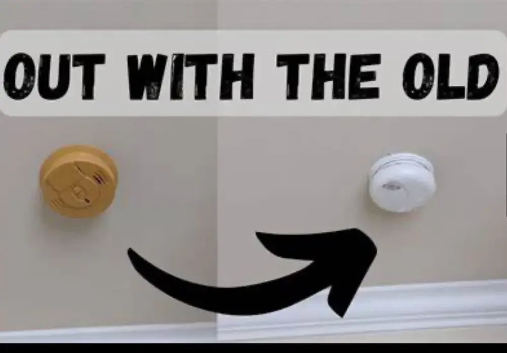 Side-by-side comparison showing an outdated smoke detector replaced with a modern white smoke alarm, highlighting a residential safety upgrade. This image demonstrates professional smoke detector replacement, improved fire safety compliance, and mode