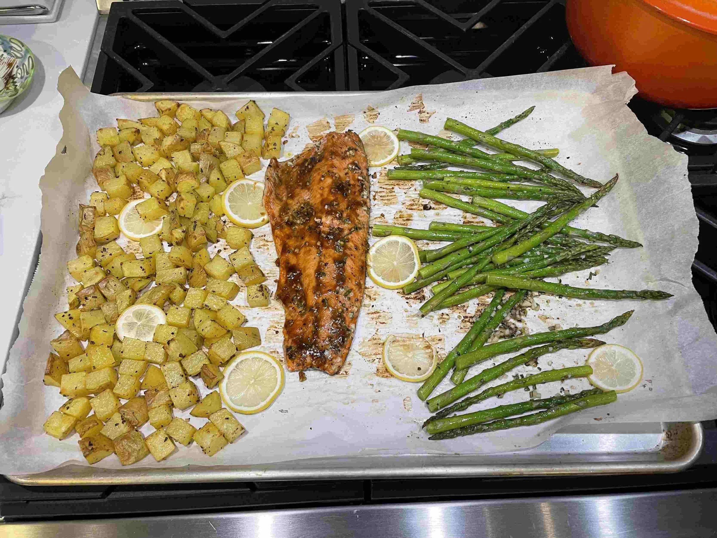 One-pan salmon dinner with asparagus and potatoes