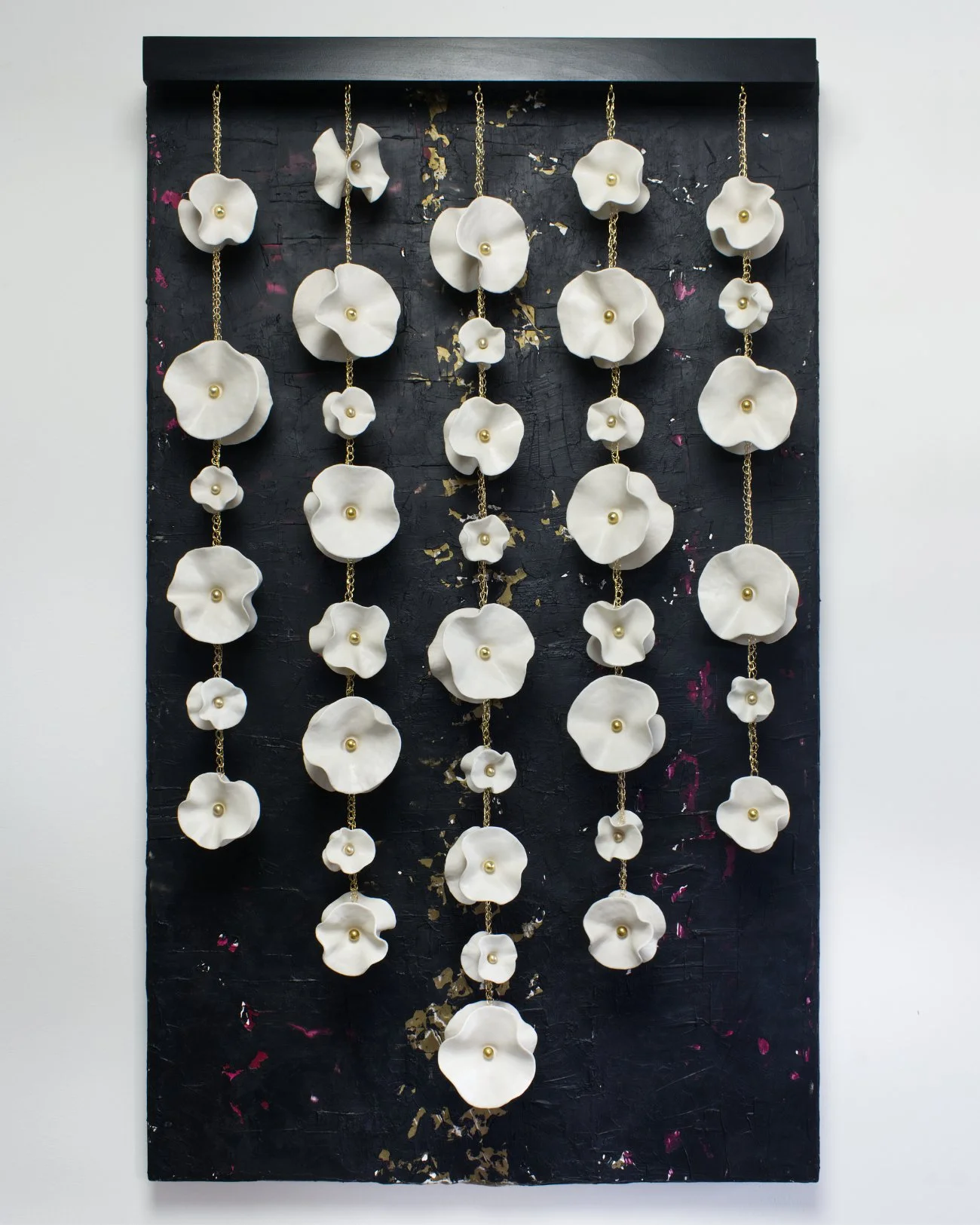 "Orchid Hanging Fleurettes", porcelain, wire, brass, alder, acrylic medium