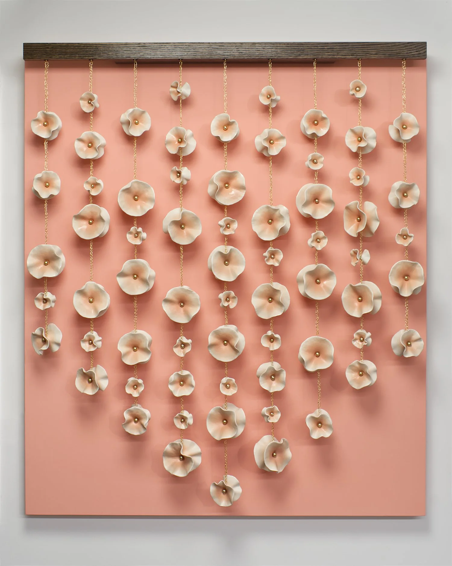 "Poppy Hanging Fleurettes", porcelain, wire, brass, oak