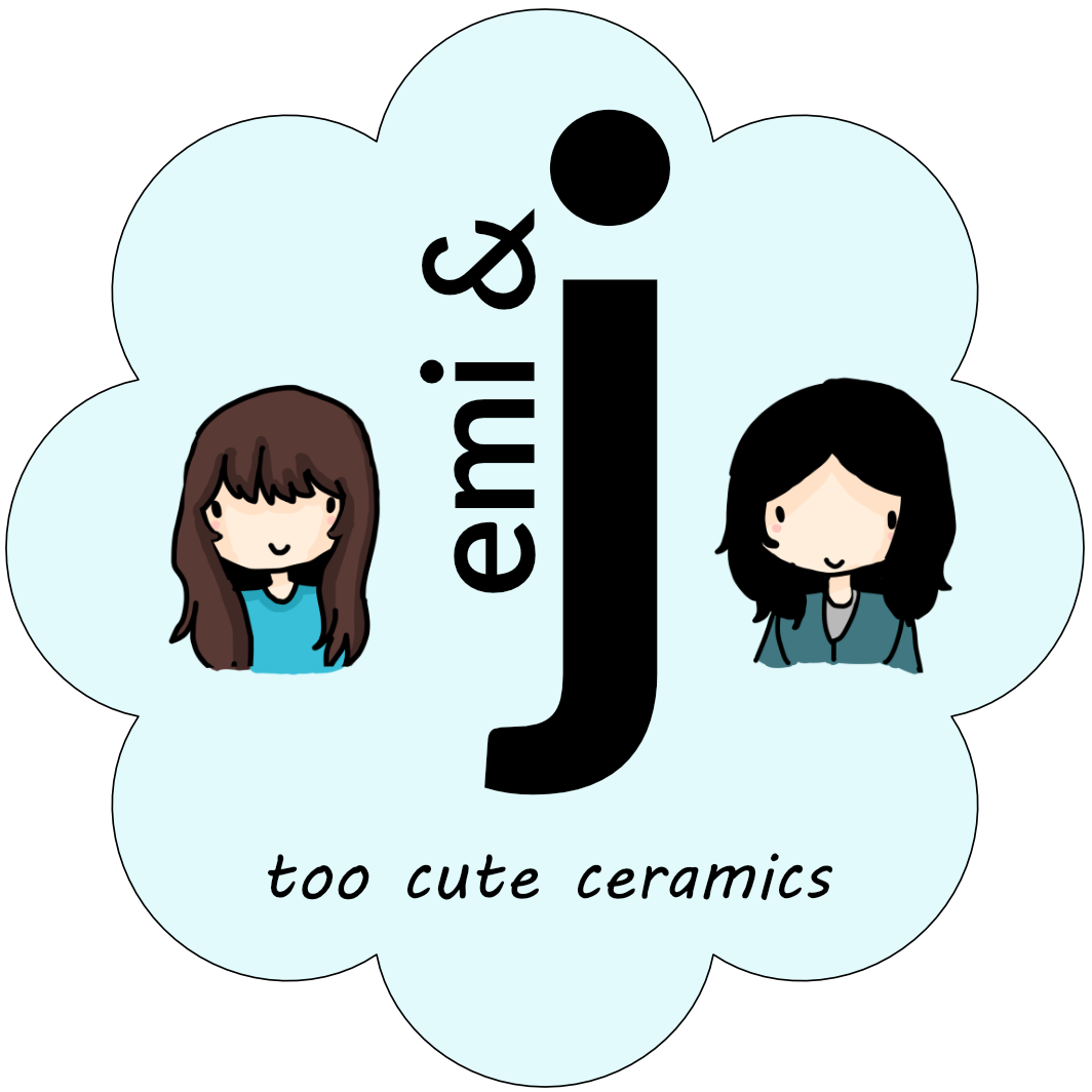 hand drawn image of emi and j with logo and too cute ceramics
