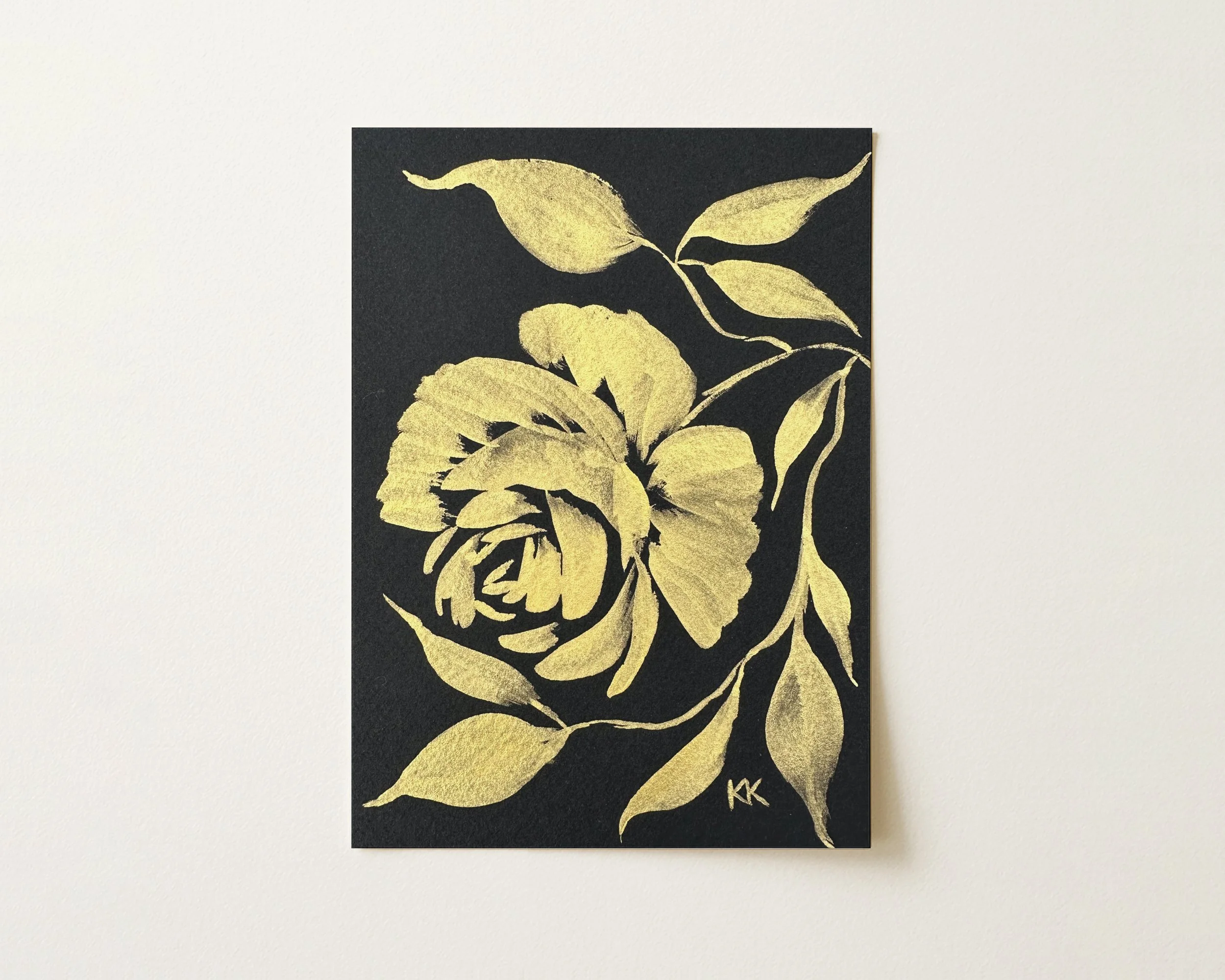 5x7" Gilded Floral Silhouette: Roses No. 3 Metallic Gouache on Black Watercolor Paper Original Painting