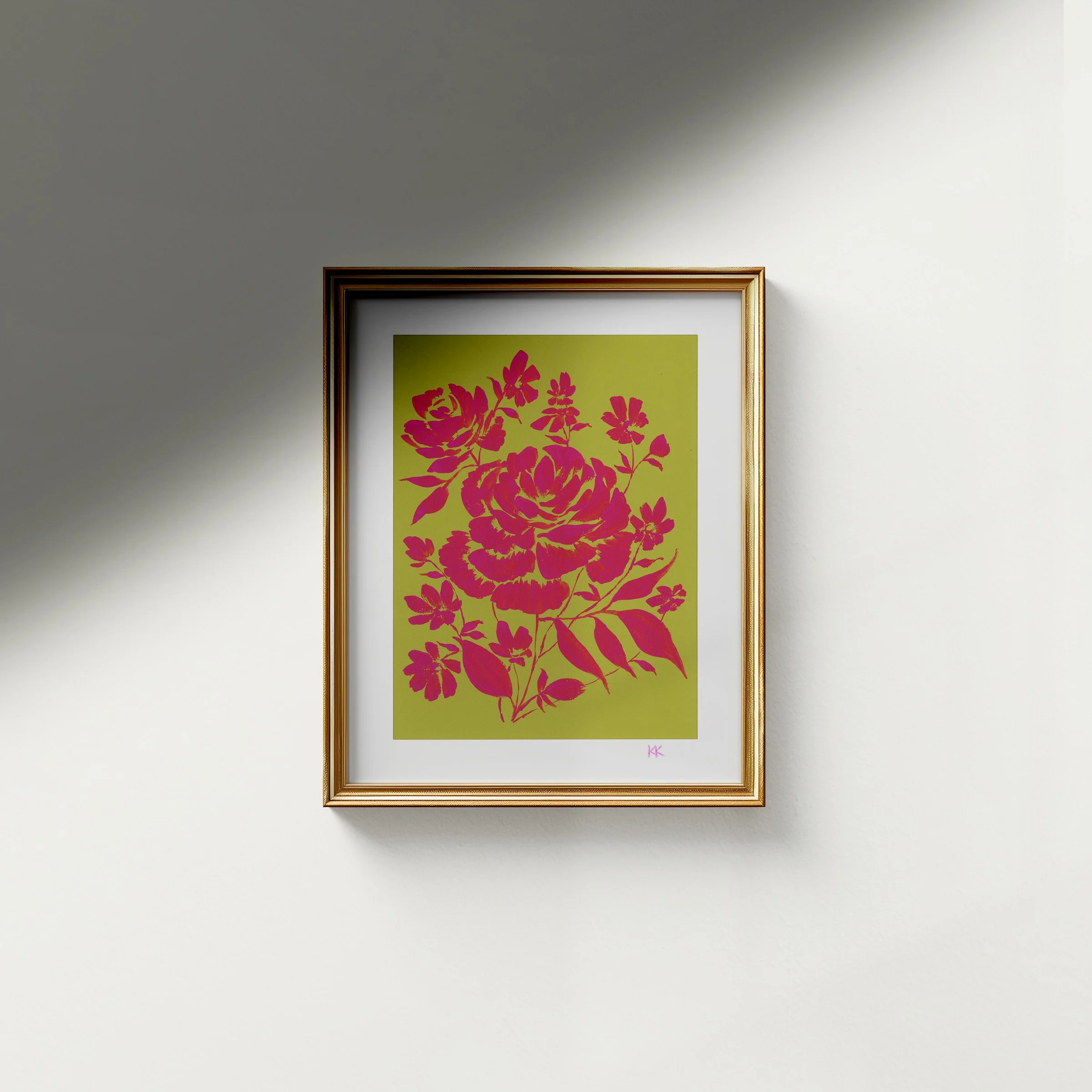 Gold Frame Mockup_Signed_Magenta Roses on Olivine Print Scan.jpg