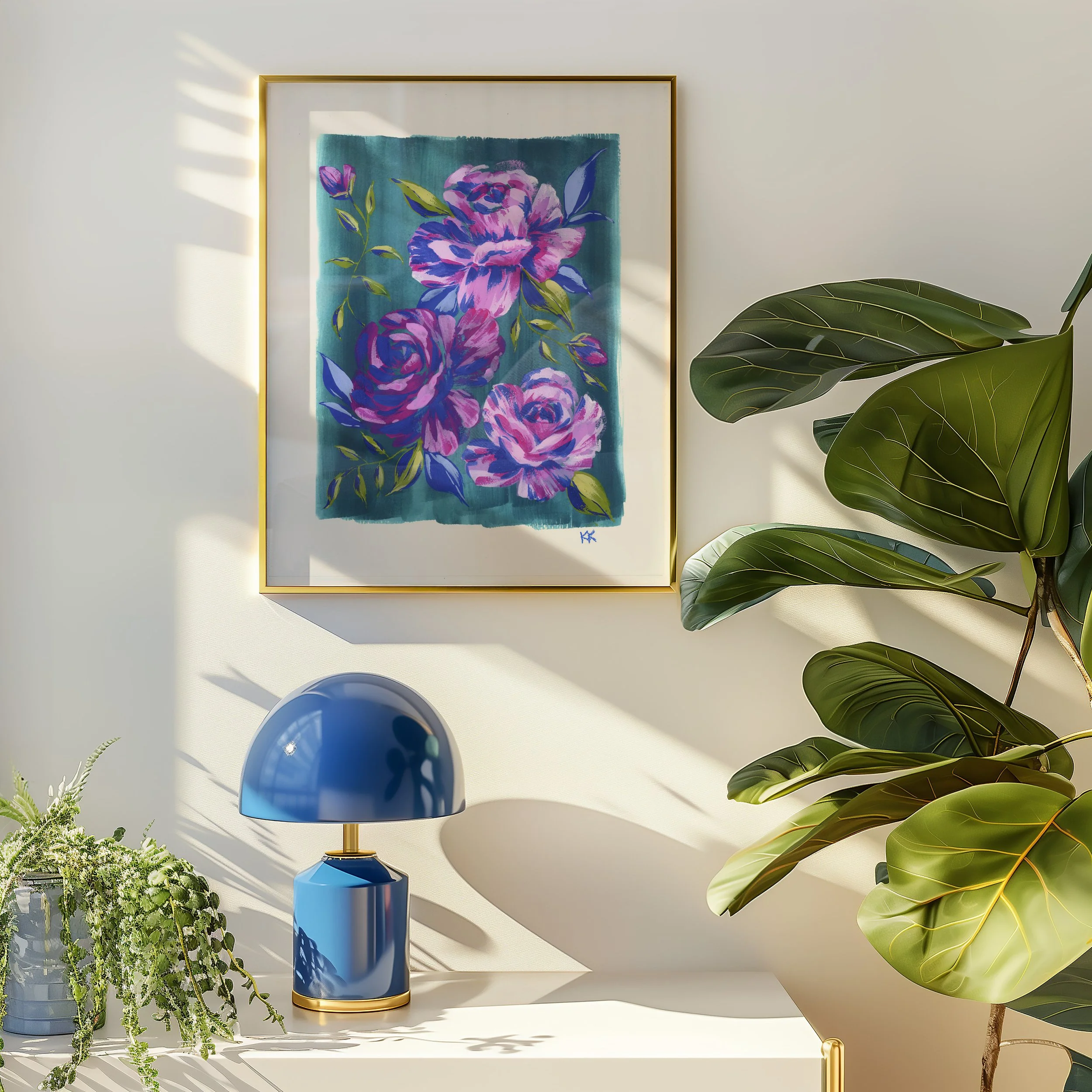 Plants_8x10 Magenta Roses on Teal Printin Wood Frame.jpg