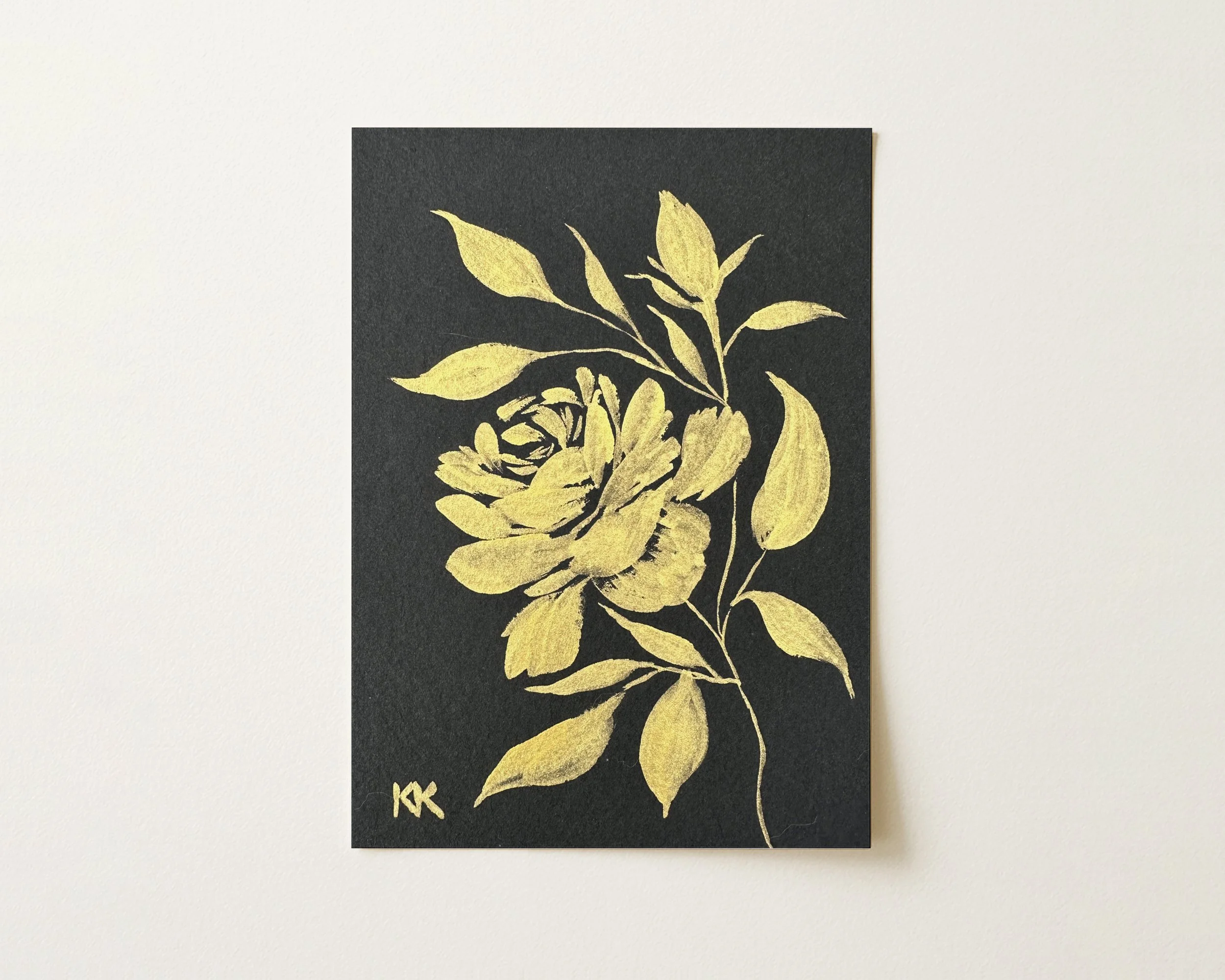 5x7" Gilded Floral Silhouette: Roses No. 2 Metallic Gouache on Black Watercolor Paper Original Painting