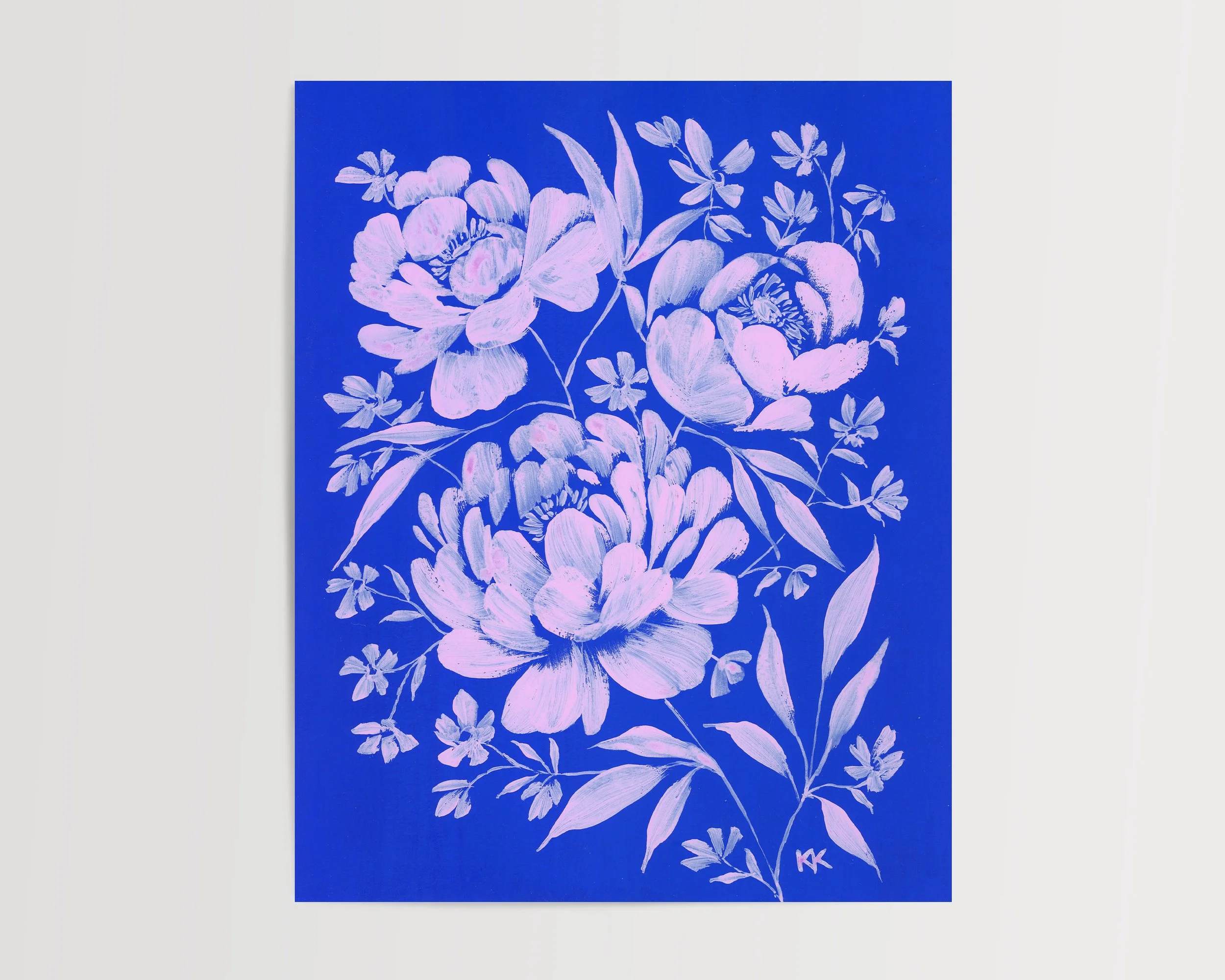 Color Block Floral: Lilac Peonies on Cobalt Original Gouache Painting on Watercolor Paper