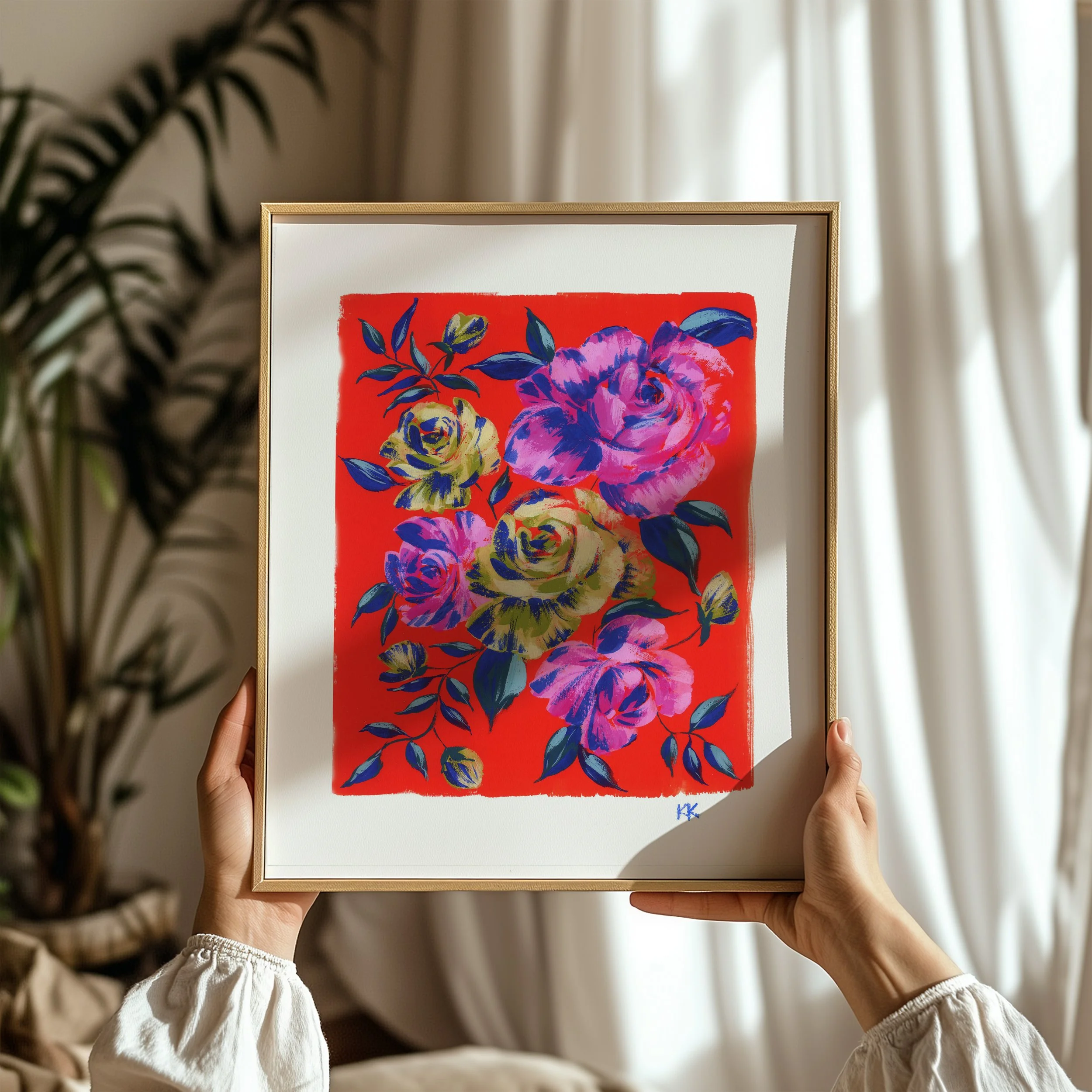 Yellow and Pink Roses on Vermillion Print in Hands.jpg