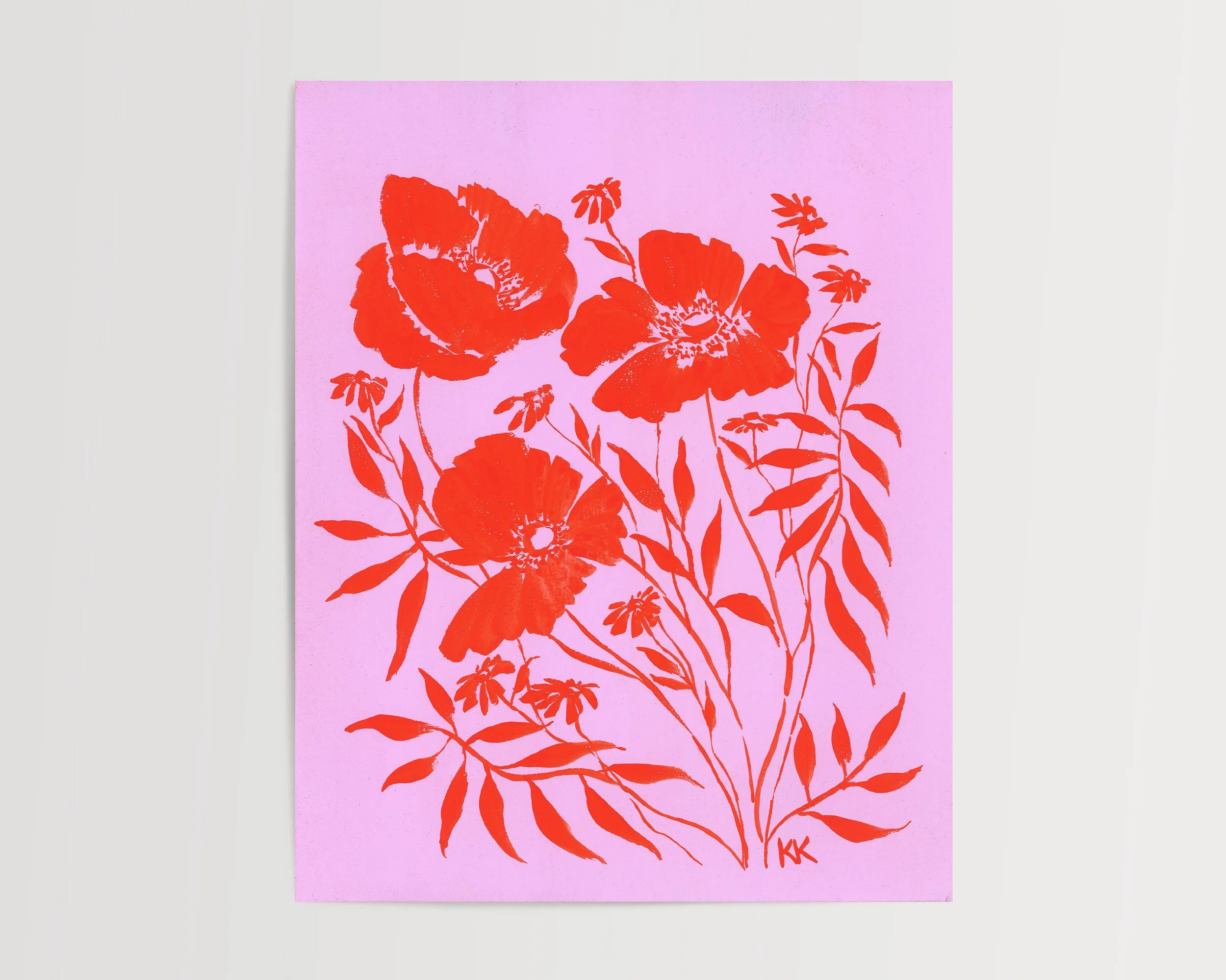 Colorblock Floral: Vermillion Poppies on Lilac Original Gouache Painting on Watercolor Paper