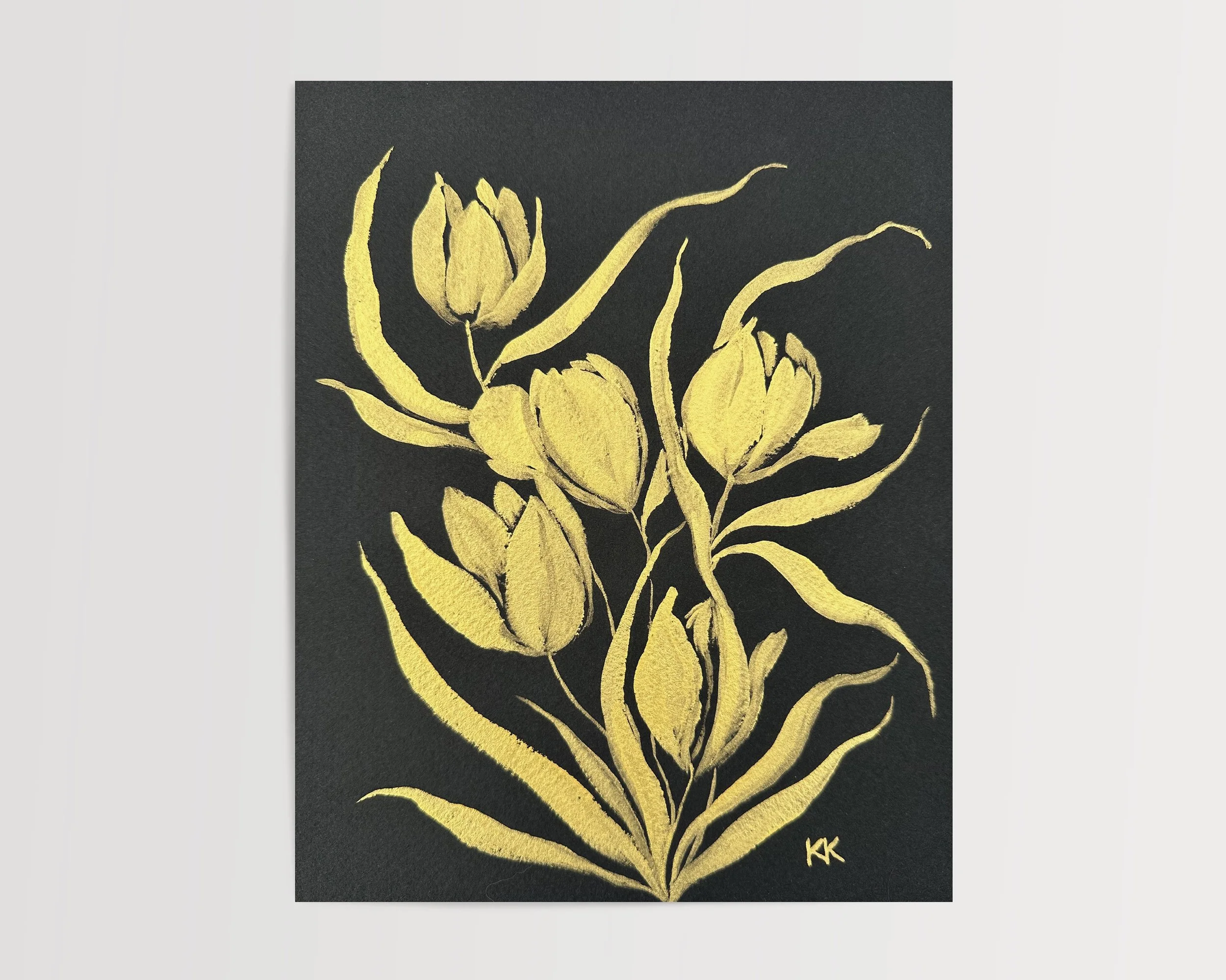 8x10" Gilded Floral Silhouette: Tulips No. 1 Metallic Gouache on Black Watercolor Paper Original Painting