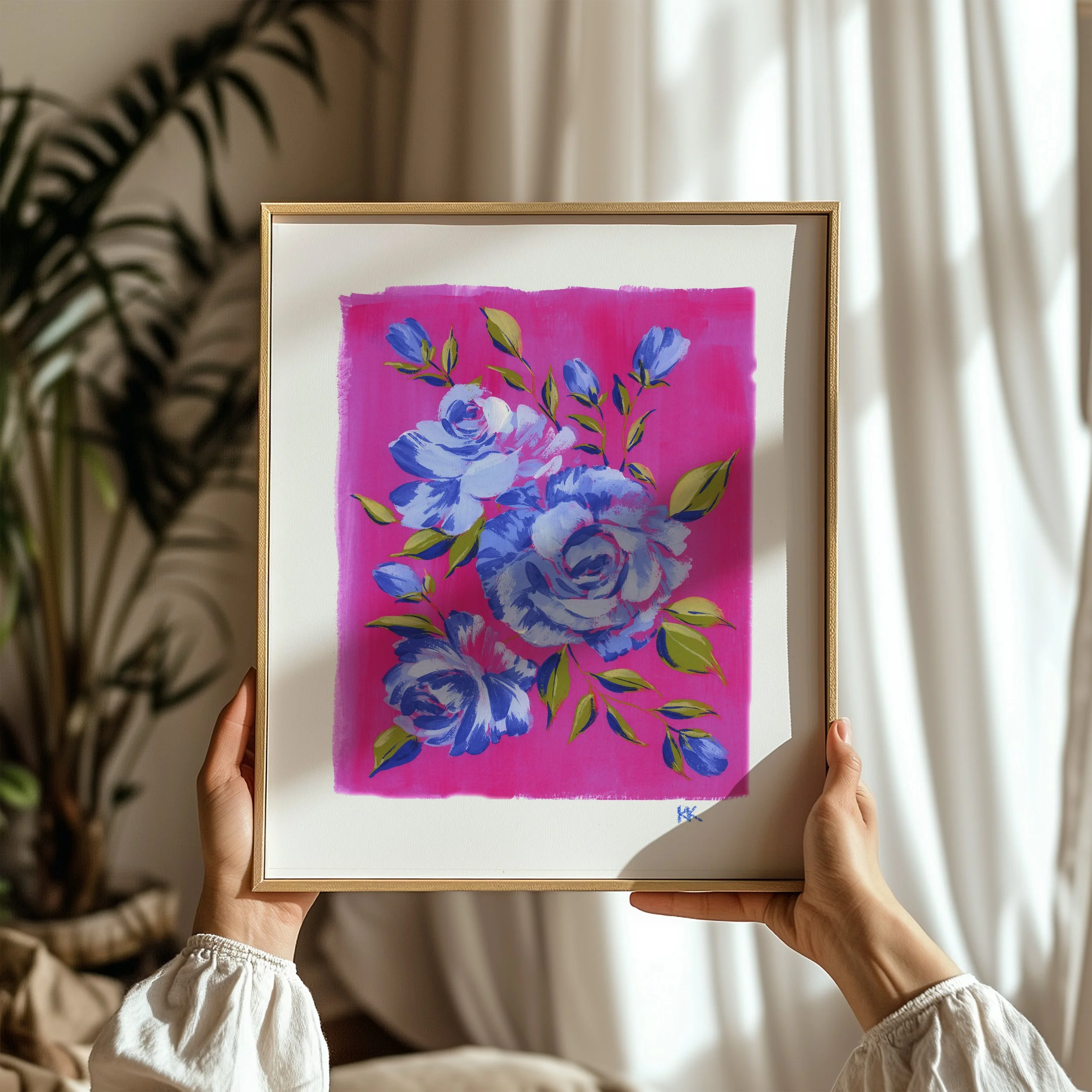 Blue Roses on Magenta Print in Hands.jpg