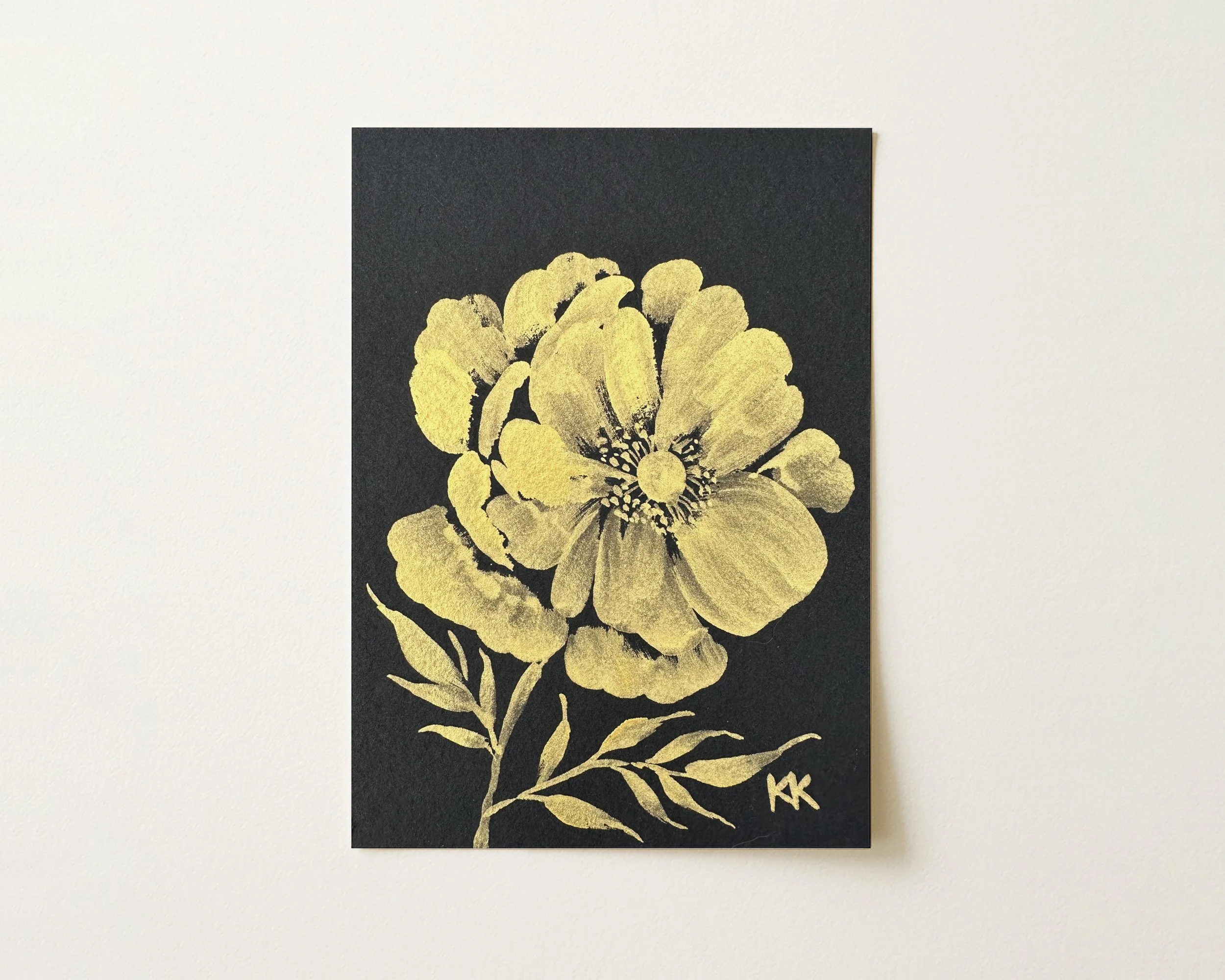 5x7" Gilded Floral Silhouette: Anemones No. 1 Metallic Gouache on Black Watercolor Paper Original Painting