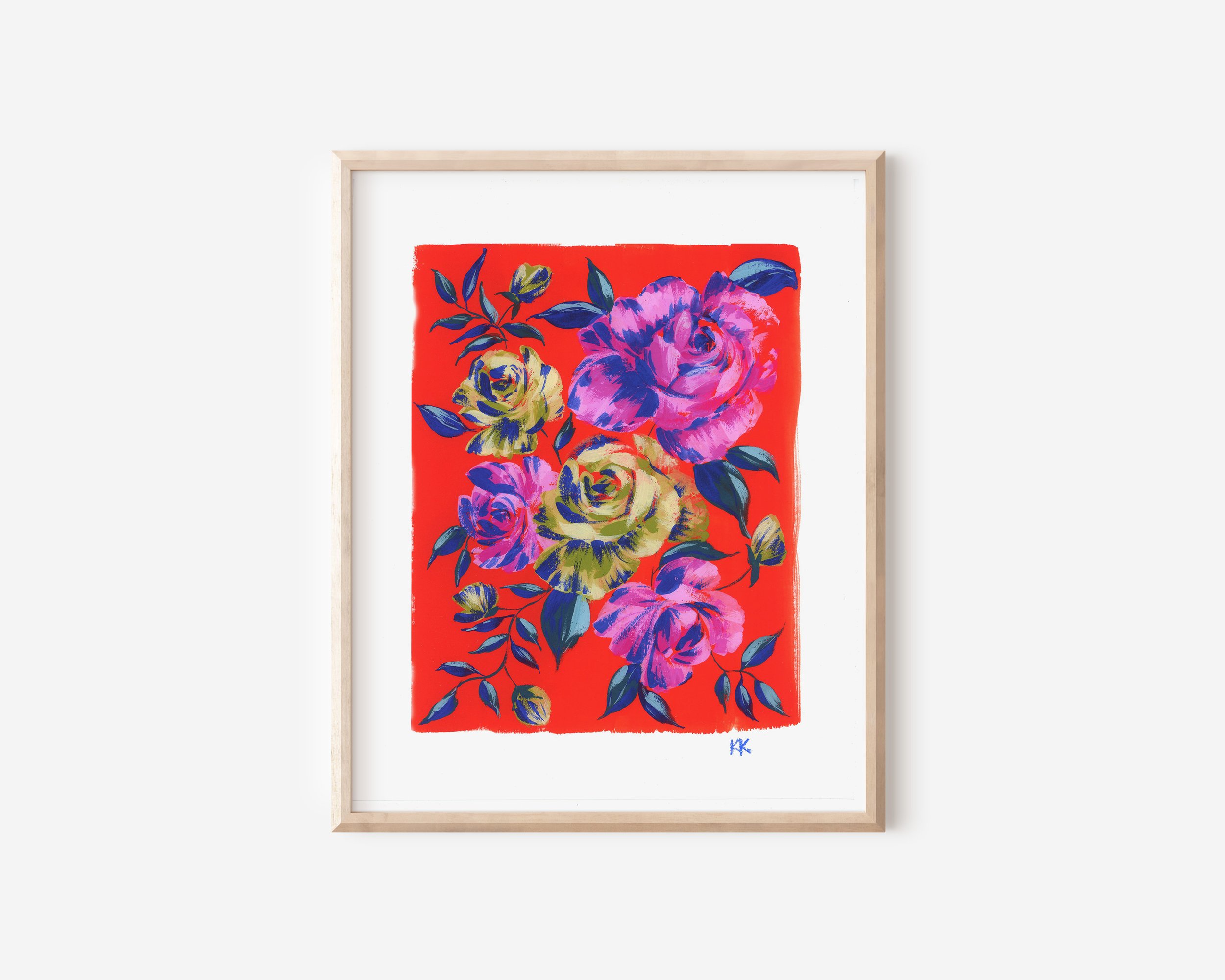 8x10 Yellow and Magenta Roses on Vermillion Print in Wood Frame.jpg