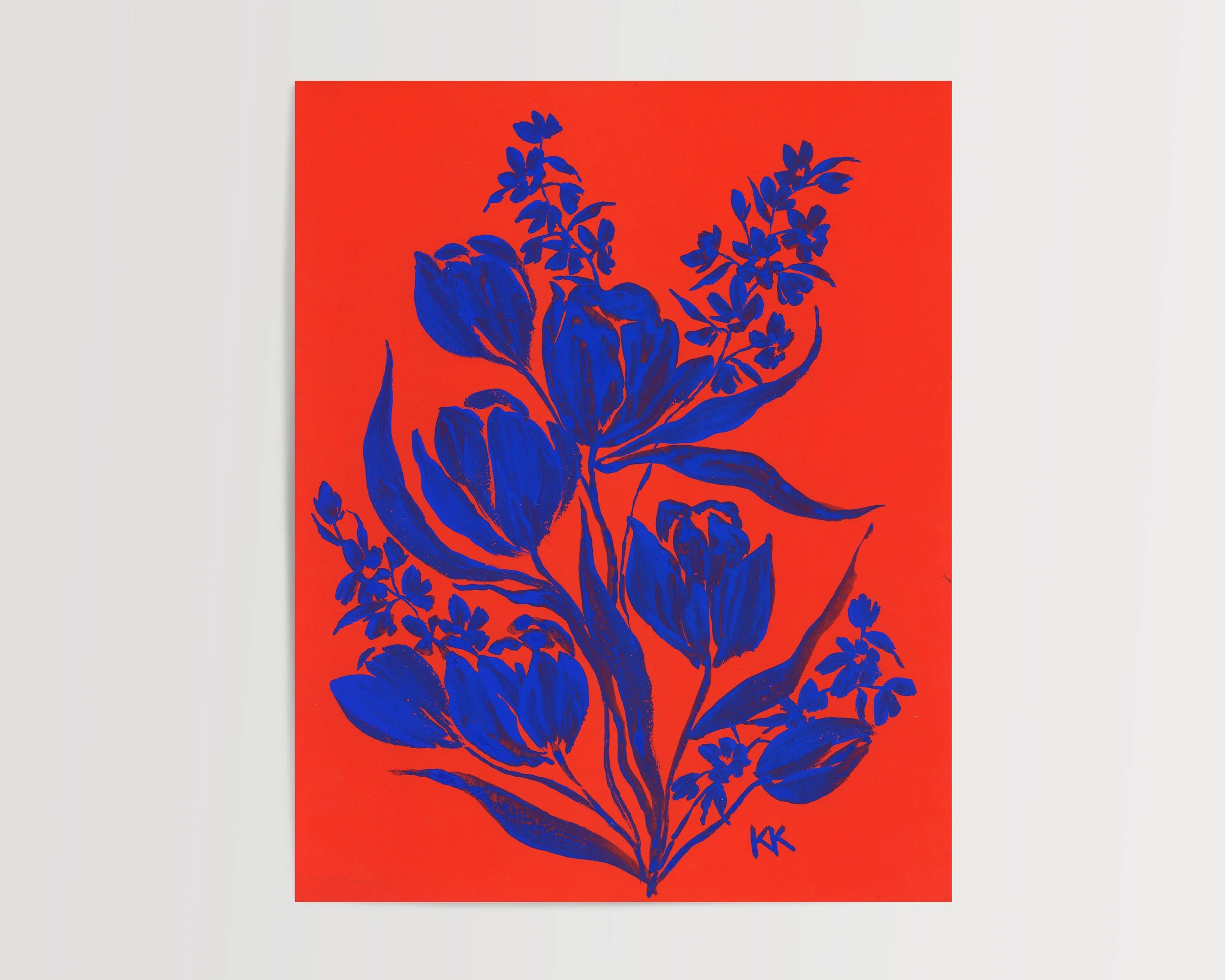 Color Block Floral: Cobalt Tulips on Vermillion Original Gouache Painting on Watercolor Paper
