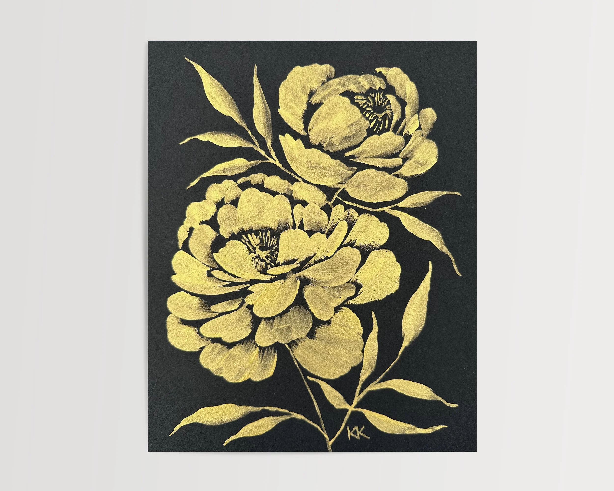 8x10" Gilded Floral Silhouette: Peonies No. 1 Metallic Gouache on Black Watercolor Paper Original Painting