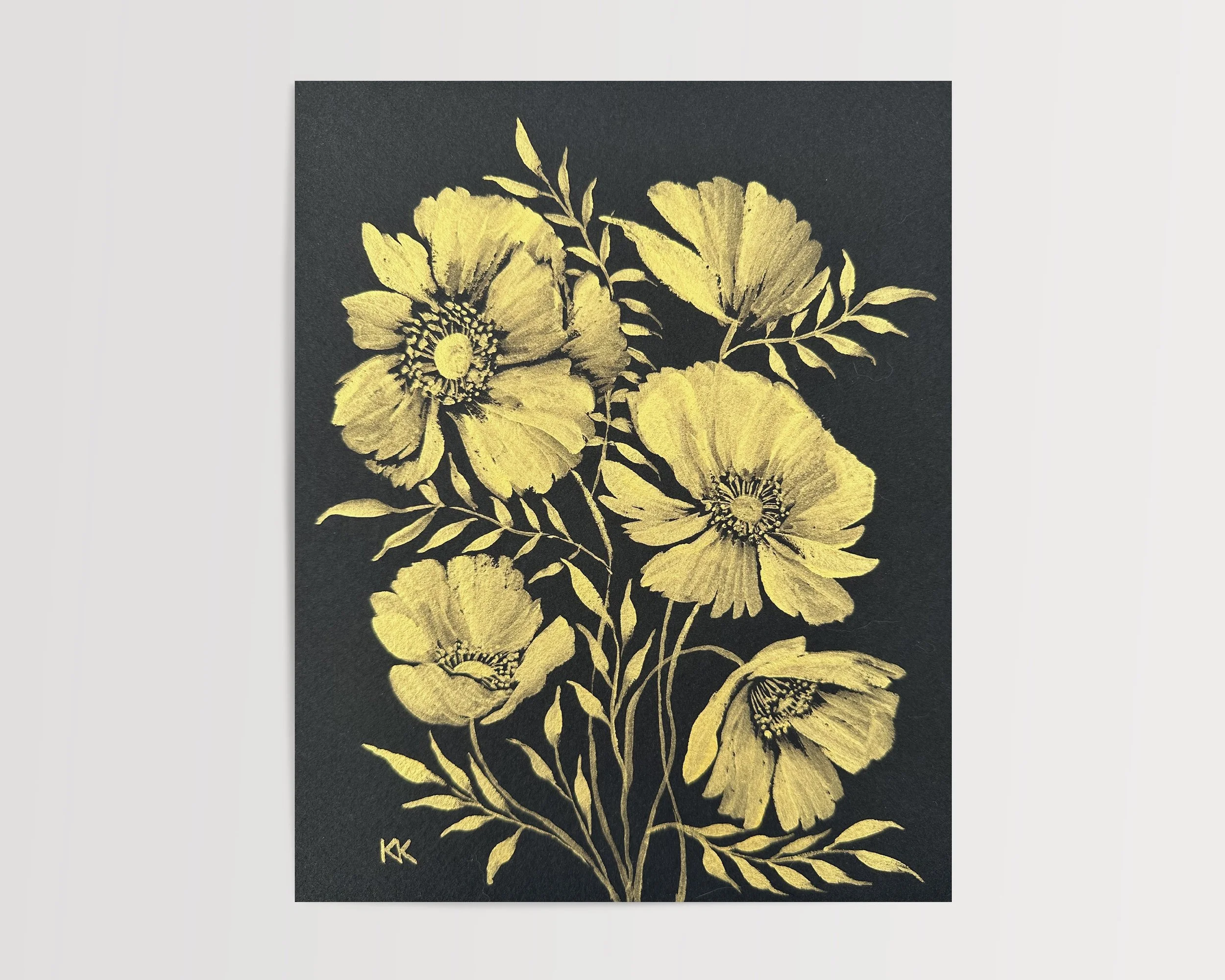 8x10" Gilded Floral Silhouette: Poppies No. 1 Metallic Gouache on Black Watercolor Paper Original Painting