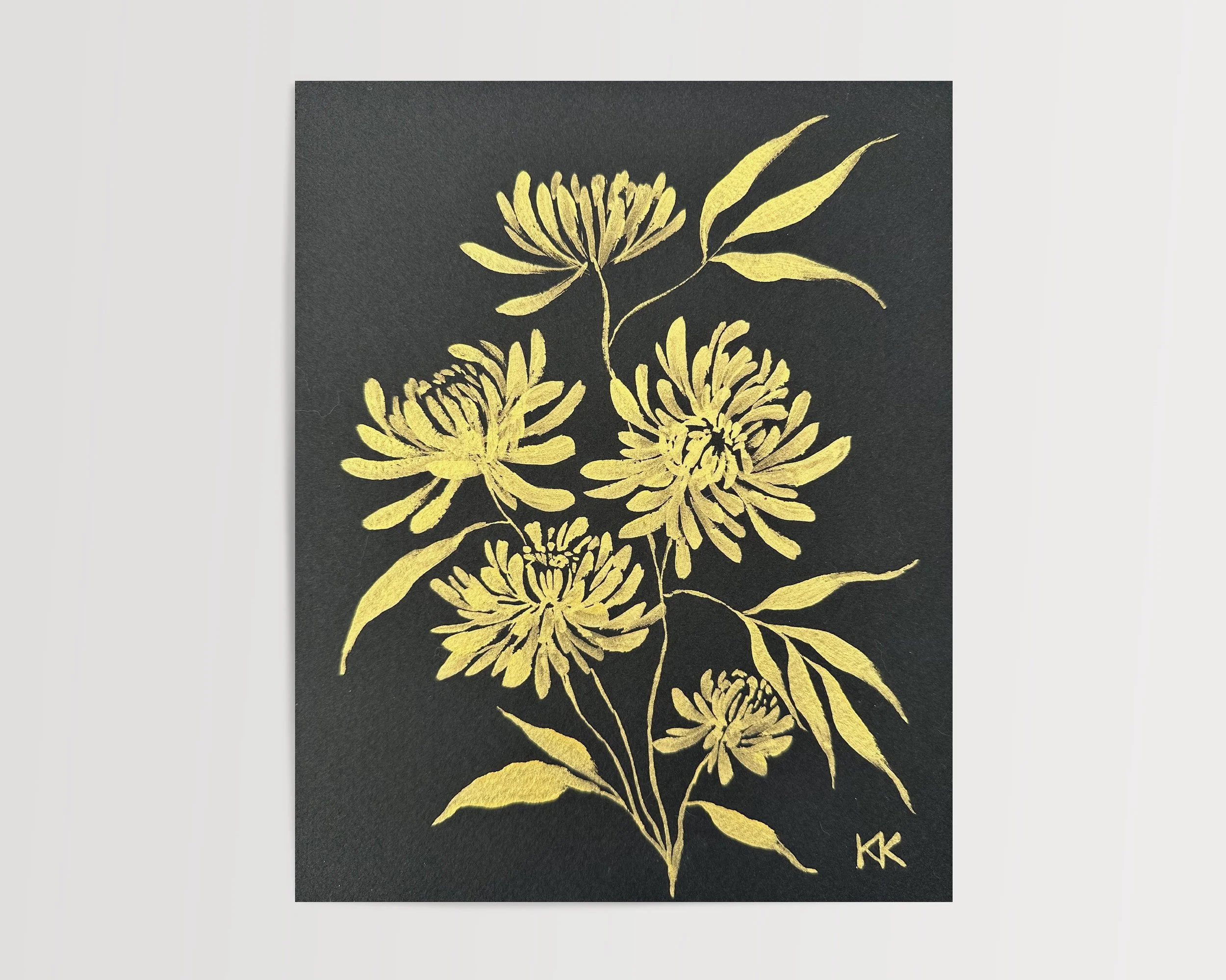 8x10" Gilded Floral Silhouette: Chrysanthemums No. 1 Metallic Gouache on Black Watercolor Paper Original Painting
