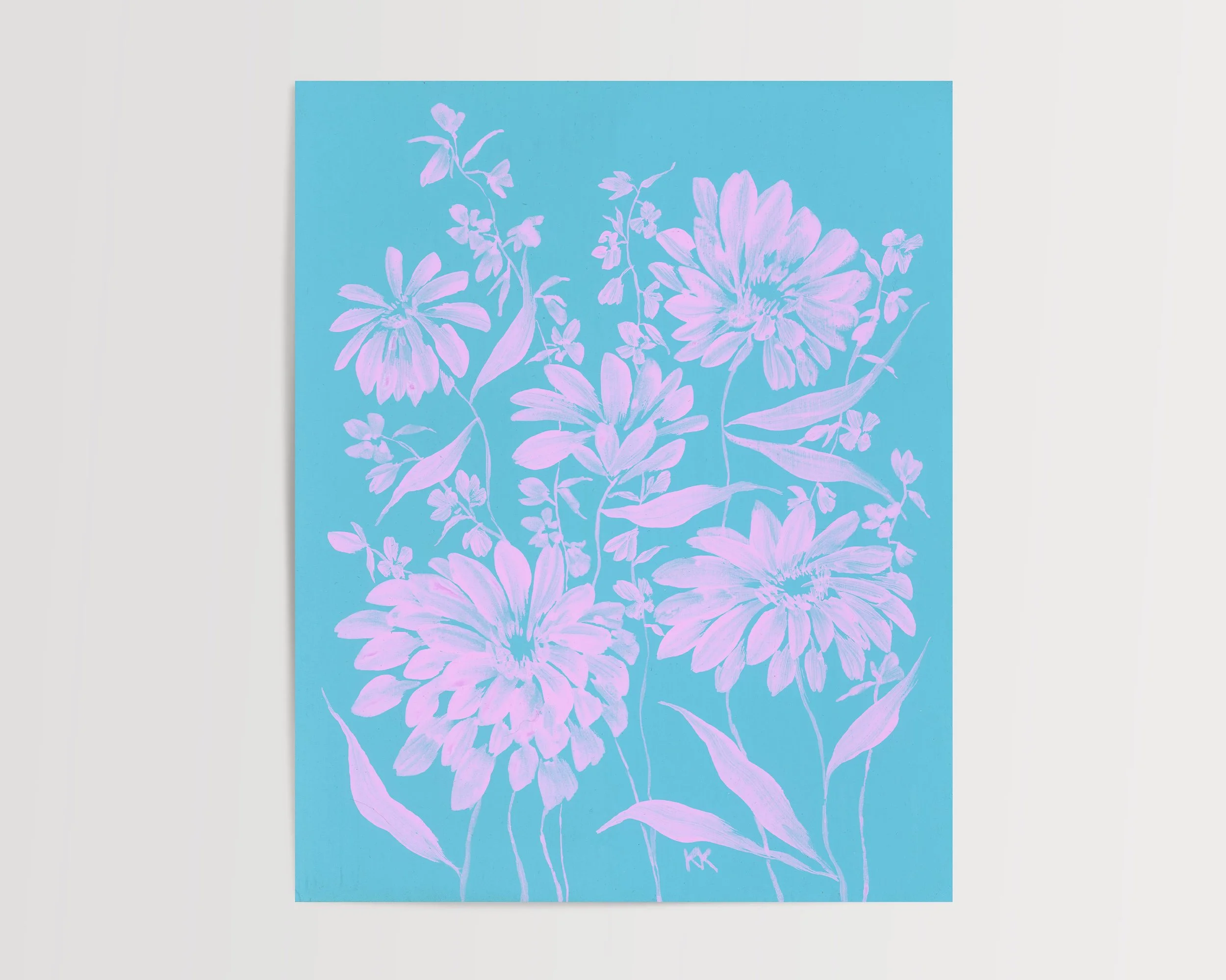 Color Block Floral: Lilac Zinnias on Aqua Original Gouache Painting on Watercolor Paper