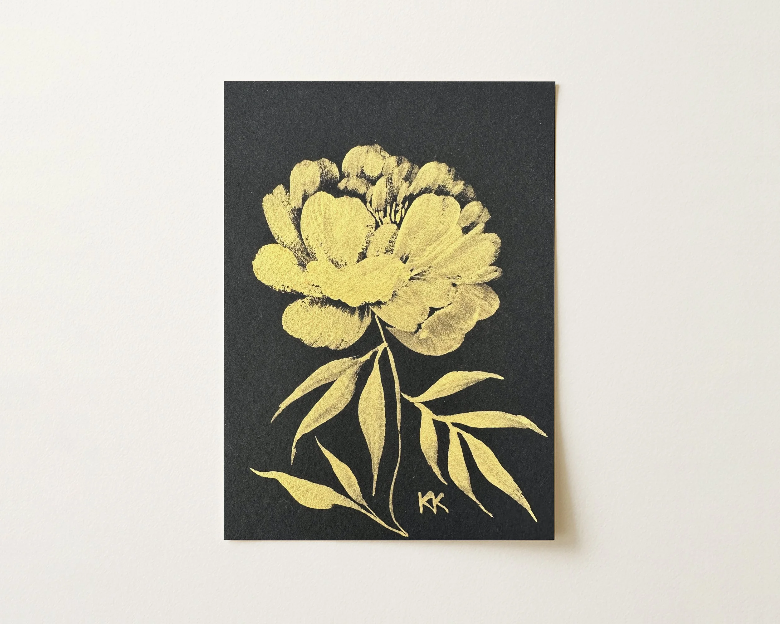 5x7" Gilded Floral Silhouette: Peonies No. 2 Metallic Gouache on Black Watercolor Paper Original Painting
