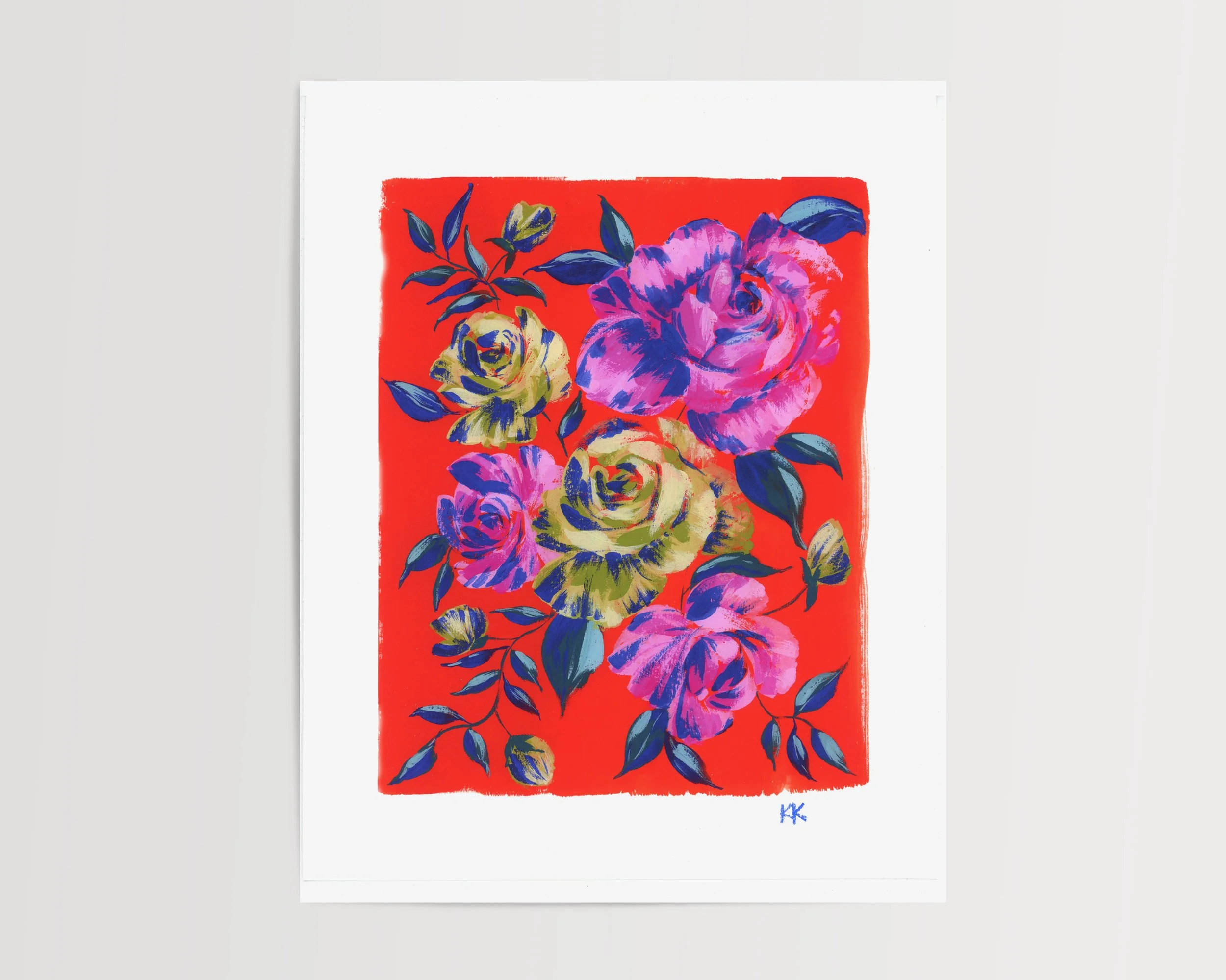 Vibrant Rose Garden Olivine, Magenta and Vermillion Giclée Print