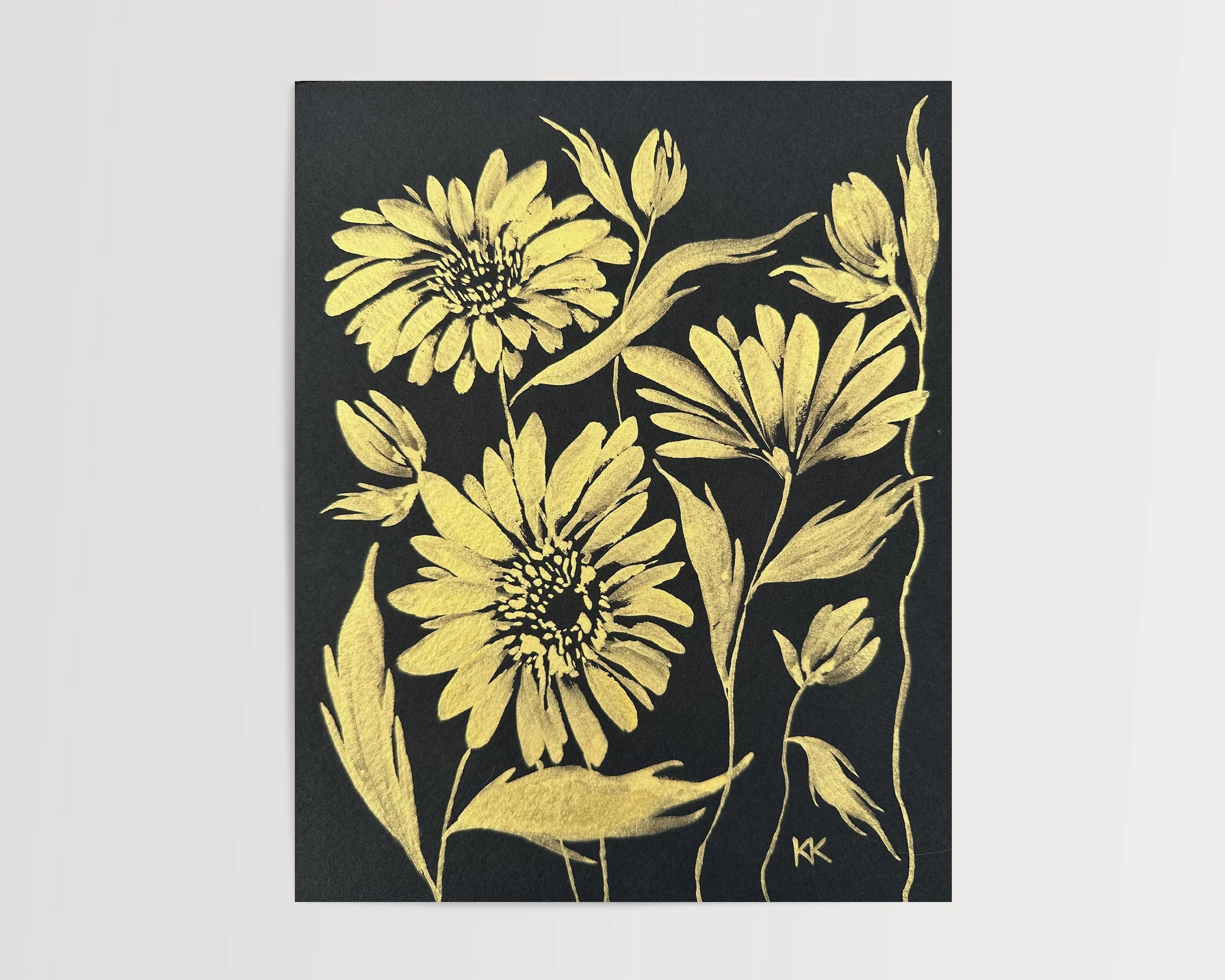 8x10" Gilded Floral Silhouette: Daisies No. 1 Metallic Gouache on Black Watercolor Paper Original Painting