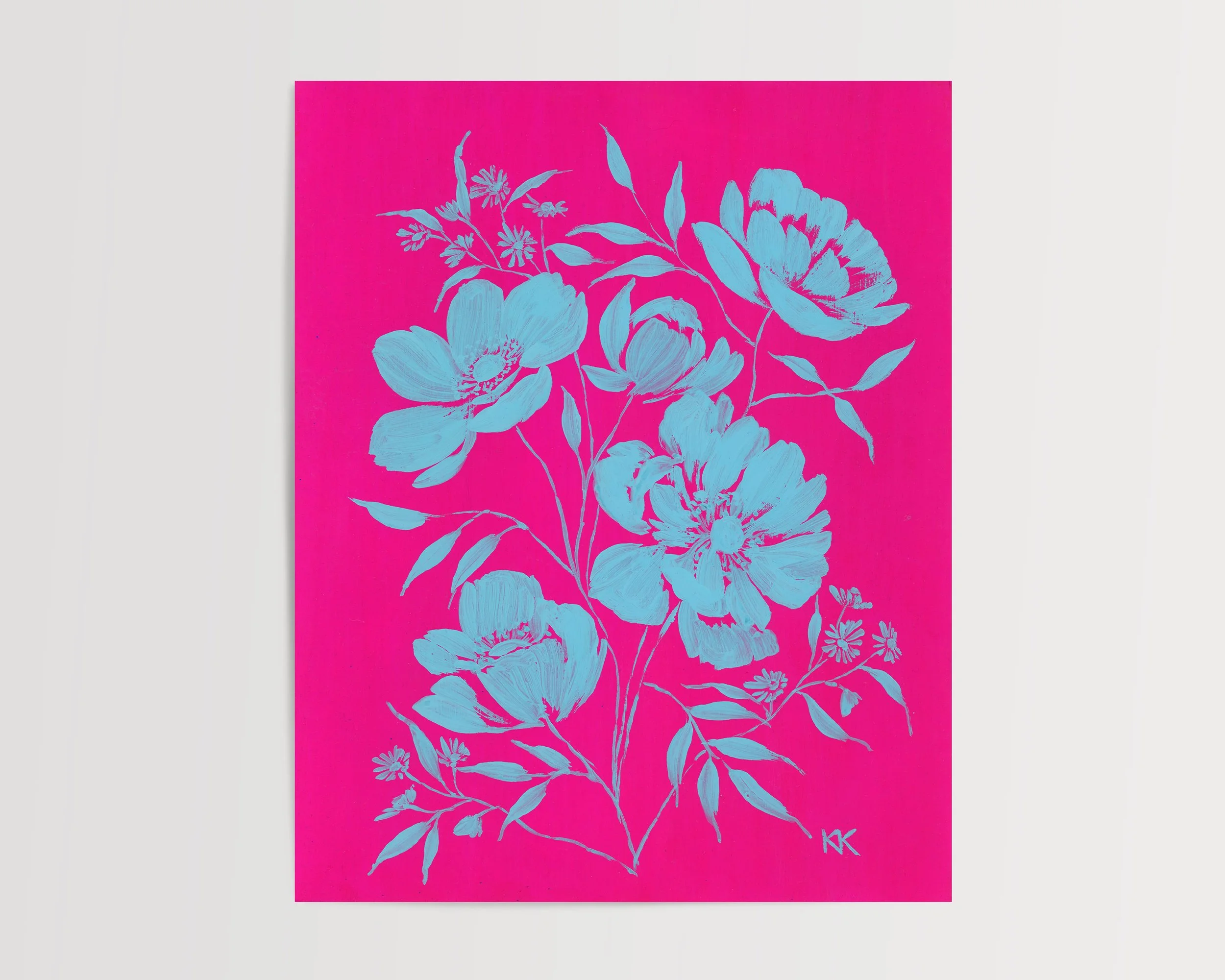 Color Block Floral: Aqua Anemones on Magenta Original Gouache Painting on Watercolor Paper