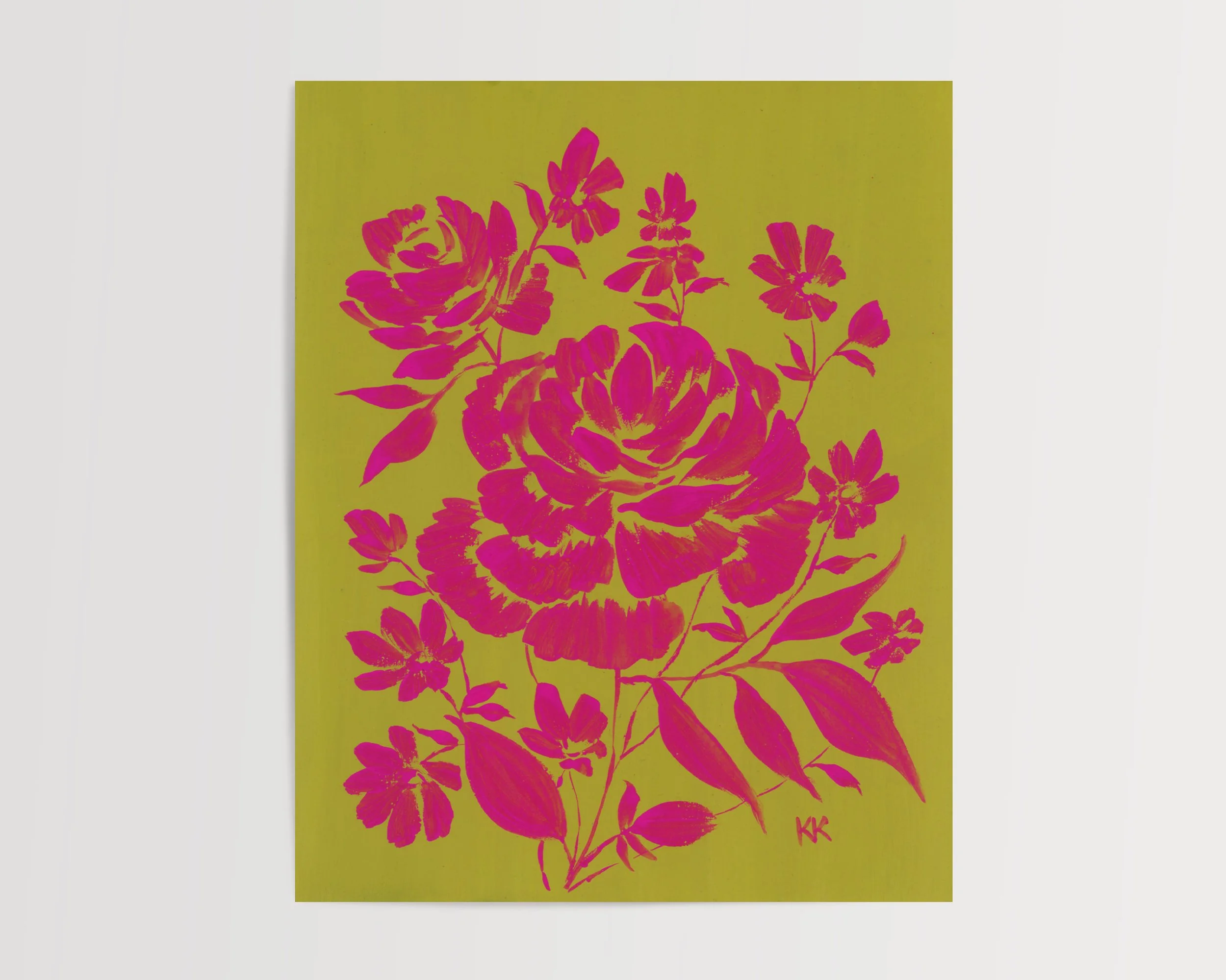 Color Block Floral: Magenta Roses on Olivine Original Gouache Painting on Watercolor Paper