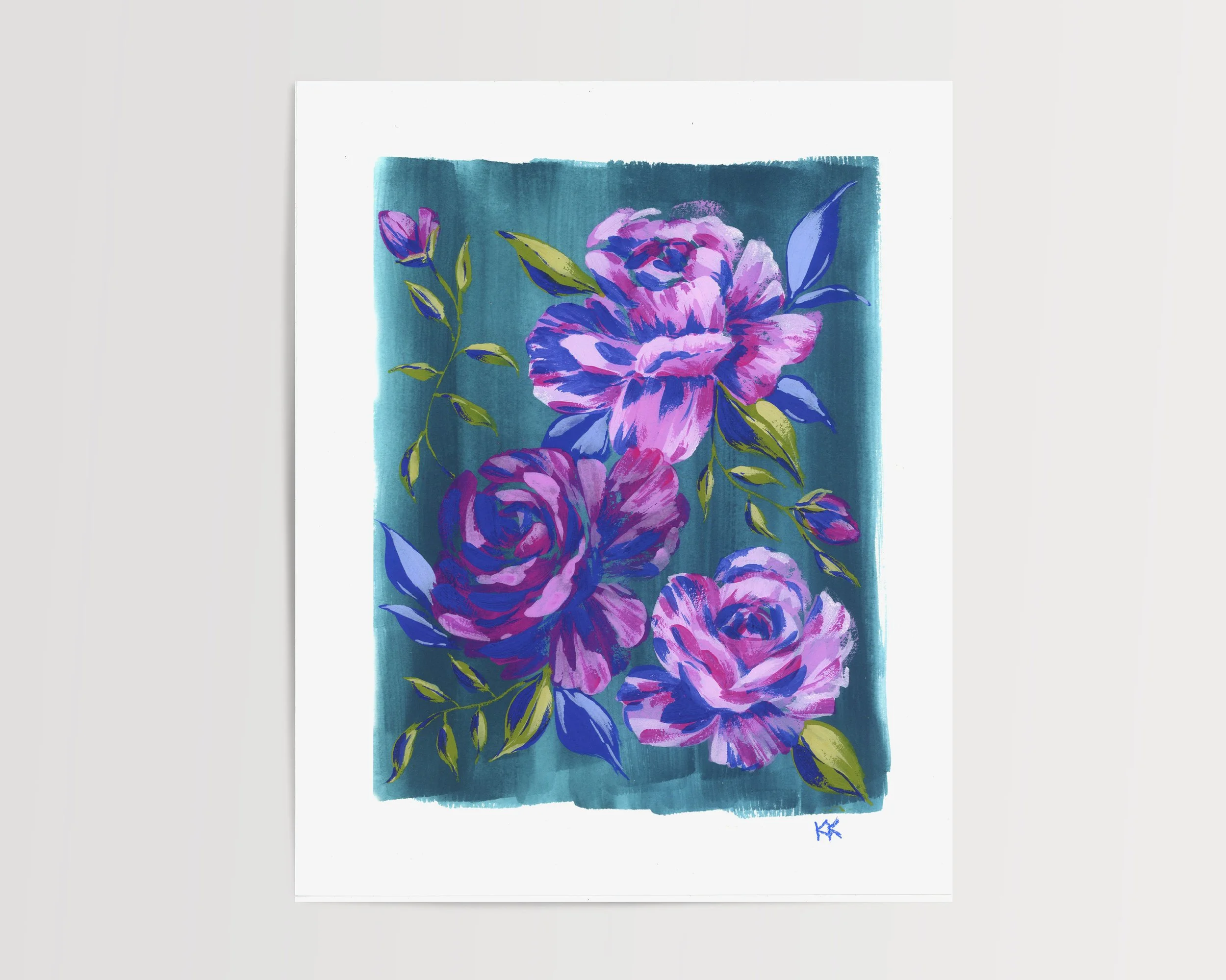 Vibrant Rose Garden Magenta and Teal Giclée Print