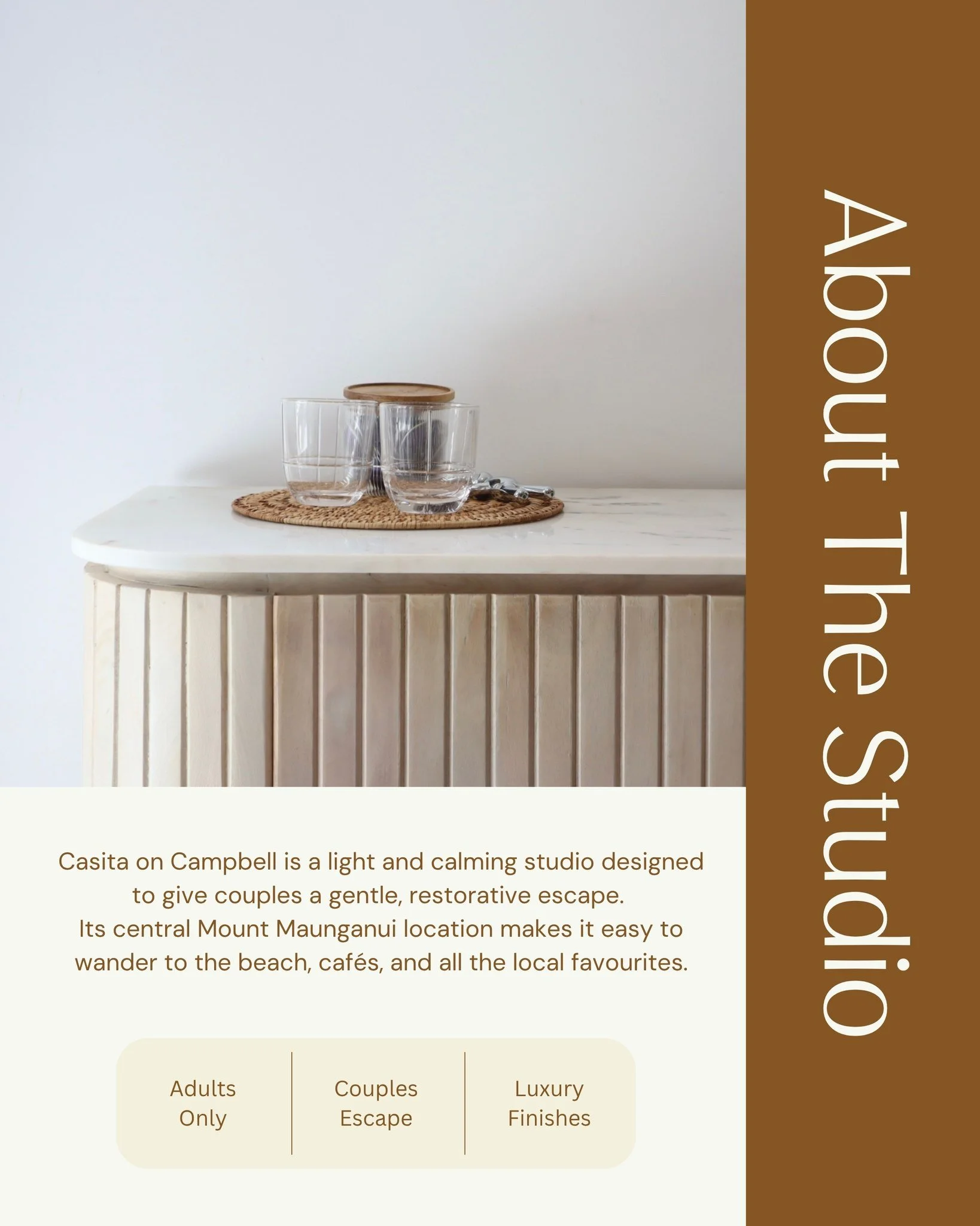 Casita on Campbell is a soothing, thoughtfully designed studio for couples, featuring a plush queen bed, a comfortable seating area, and a marble bar cabinet with coffee and tea essentials. The warm, soothing textures create a relaxing retreat after 