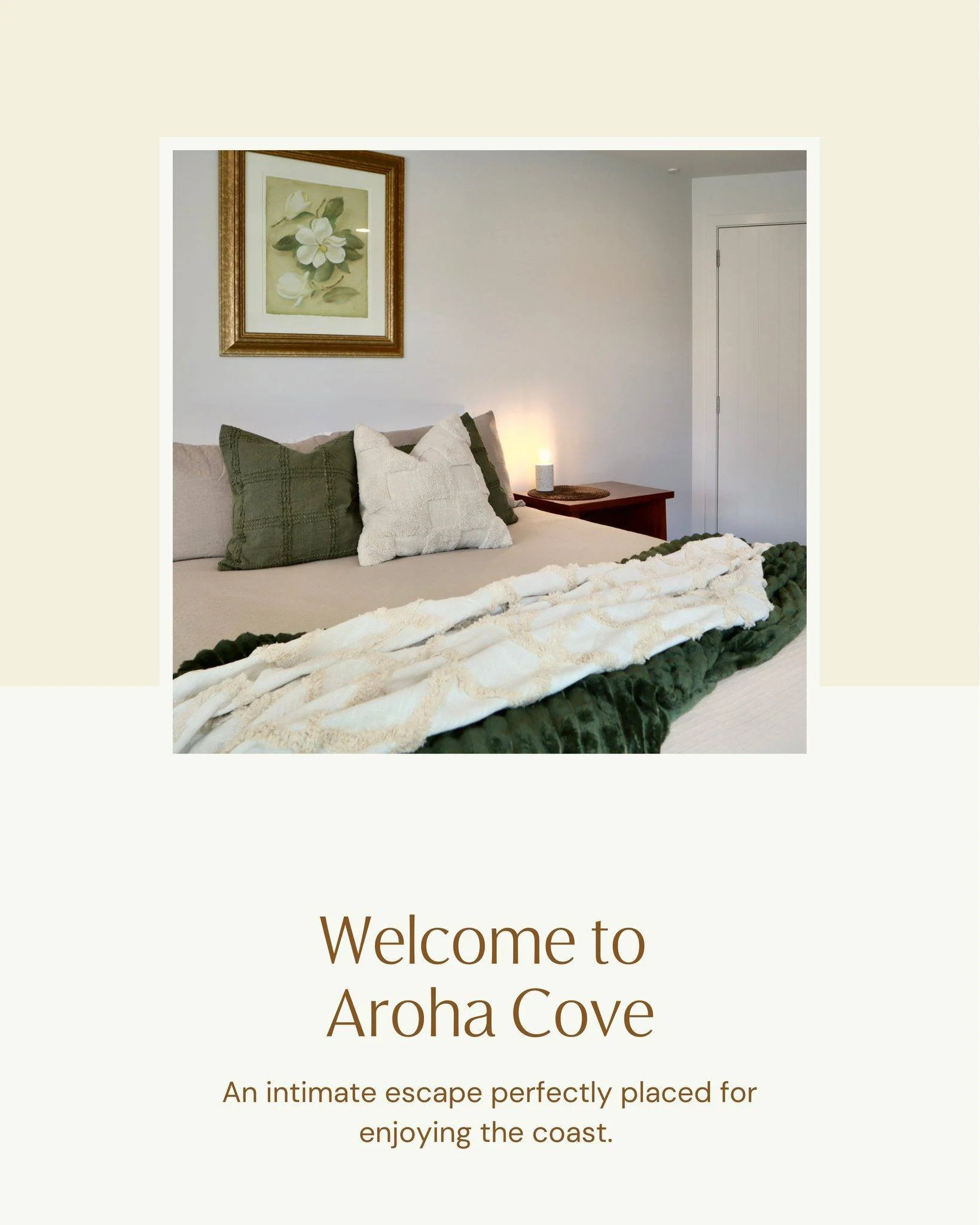 IntroducingAroha Cove &ndash; your private downtown Mount Maunganui hideaway, designed for couples. A cosy studio with a massage chair, a kitchenette, and a peaceful patio, it&rsquo;s the perfect base for exploring the mount, beach, and high-end bars