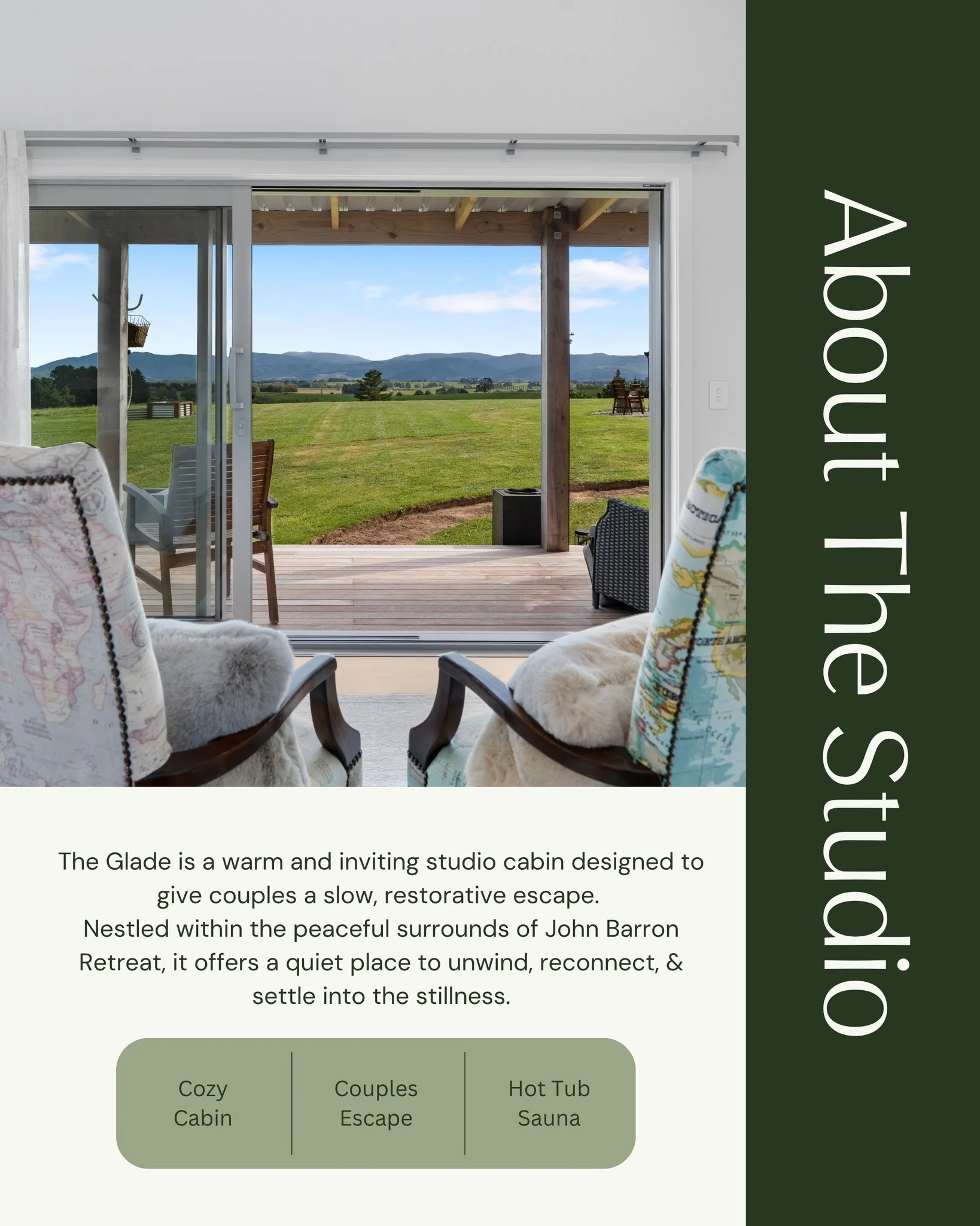 The Glade invites you to slow down and settle into something simple, warm, and thoughtfully considered.

Step inside this light-filled studio cabin, where a fresh Cape Cod-inspired interior offers a calm contrast to the rustic timber exterior. Wake s