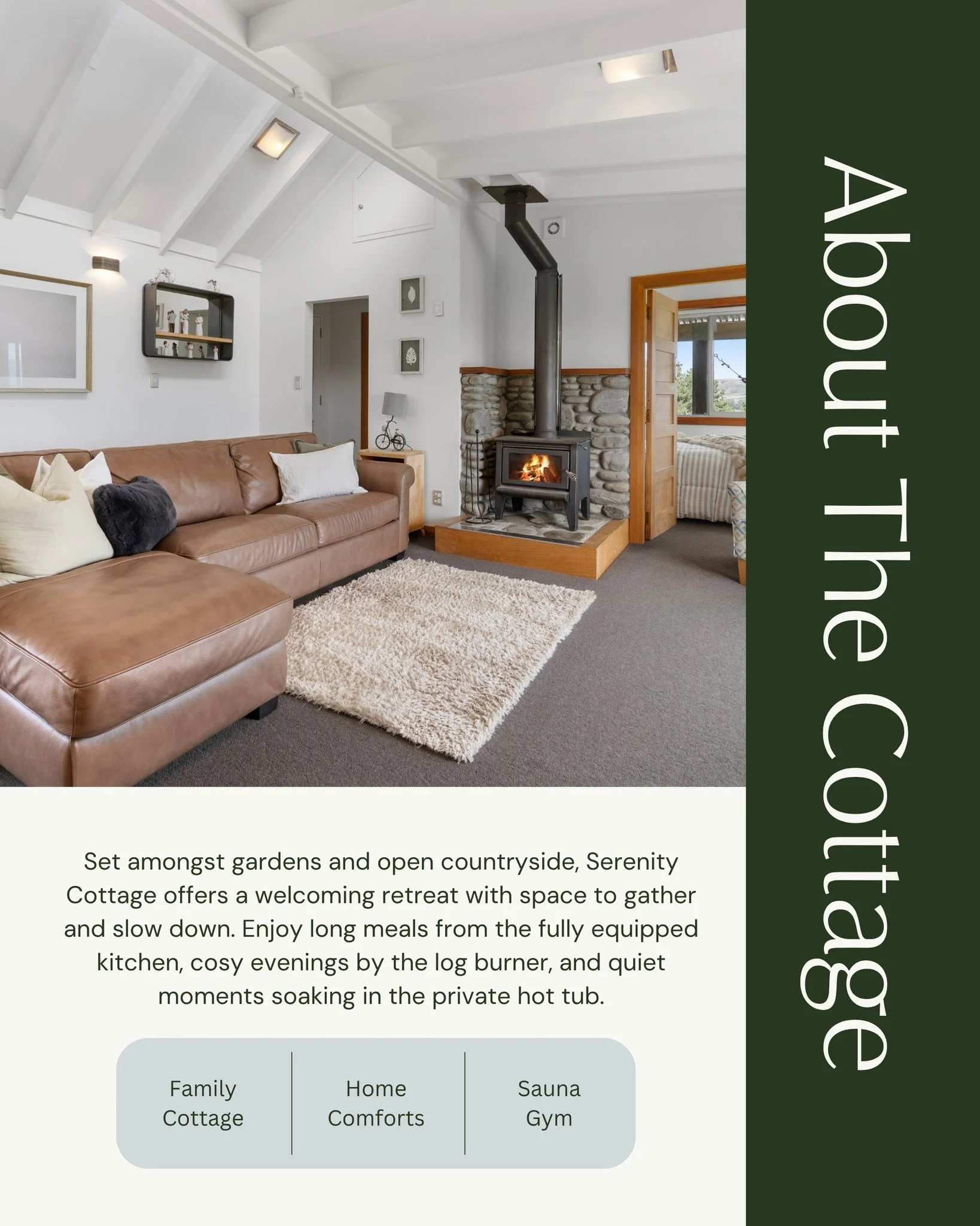 Set amongst gardens and open countryside, Serenity Cottage offers a welcoming retreat with space to gather and slow down. Enjoy long meals from the fully equipped kitchen, cosy evenings by the log burner, and quiet moments soaking in the private hot 