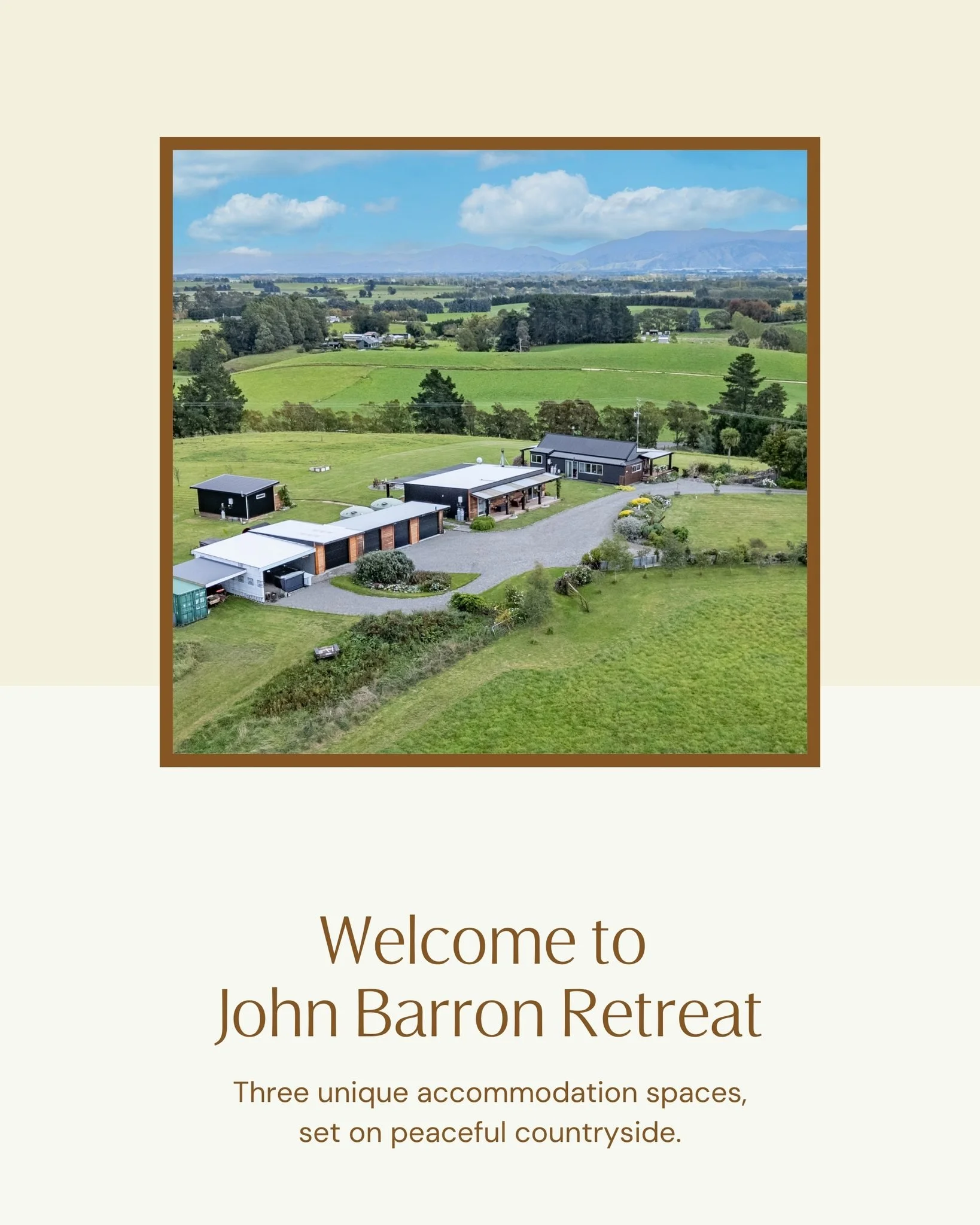 Introducing John Barron Retreat &ndash; a private countryside escape thoughtfully designed for groups to gather, reconnect, and settle into a slower rhythm of life.

With three unique accommodation spaces across landscaped grounds, shared spaces to c
