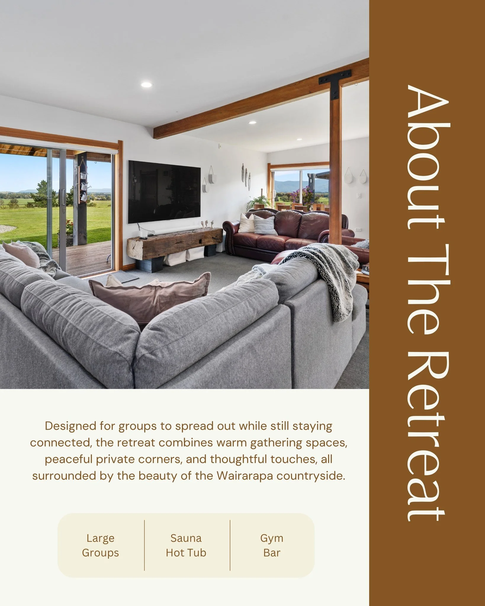 Designed for groups to spread out while still staying connected, the retreat combines warm gathering spaces, peaceful private corners, and thoughtful touches throughout, all surrounded by the quiet beauty of the Wairarapa countryside.

Reserve your s
