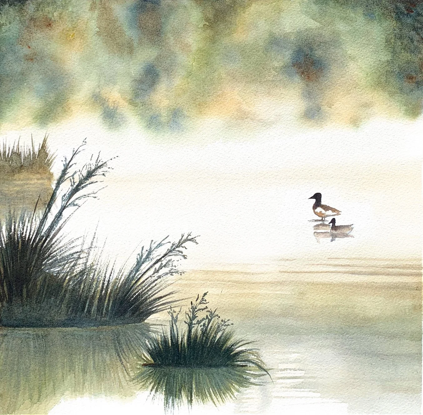 A watercolor painting of a peaceful lakeside scene with two ducks floating on the water, surrounded by grasses and trees in muted colors.