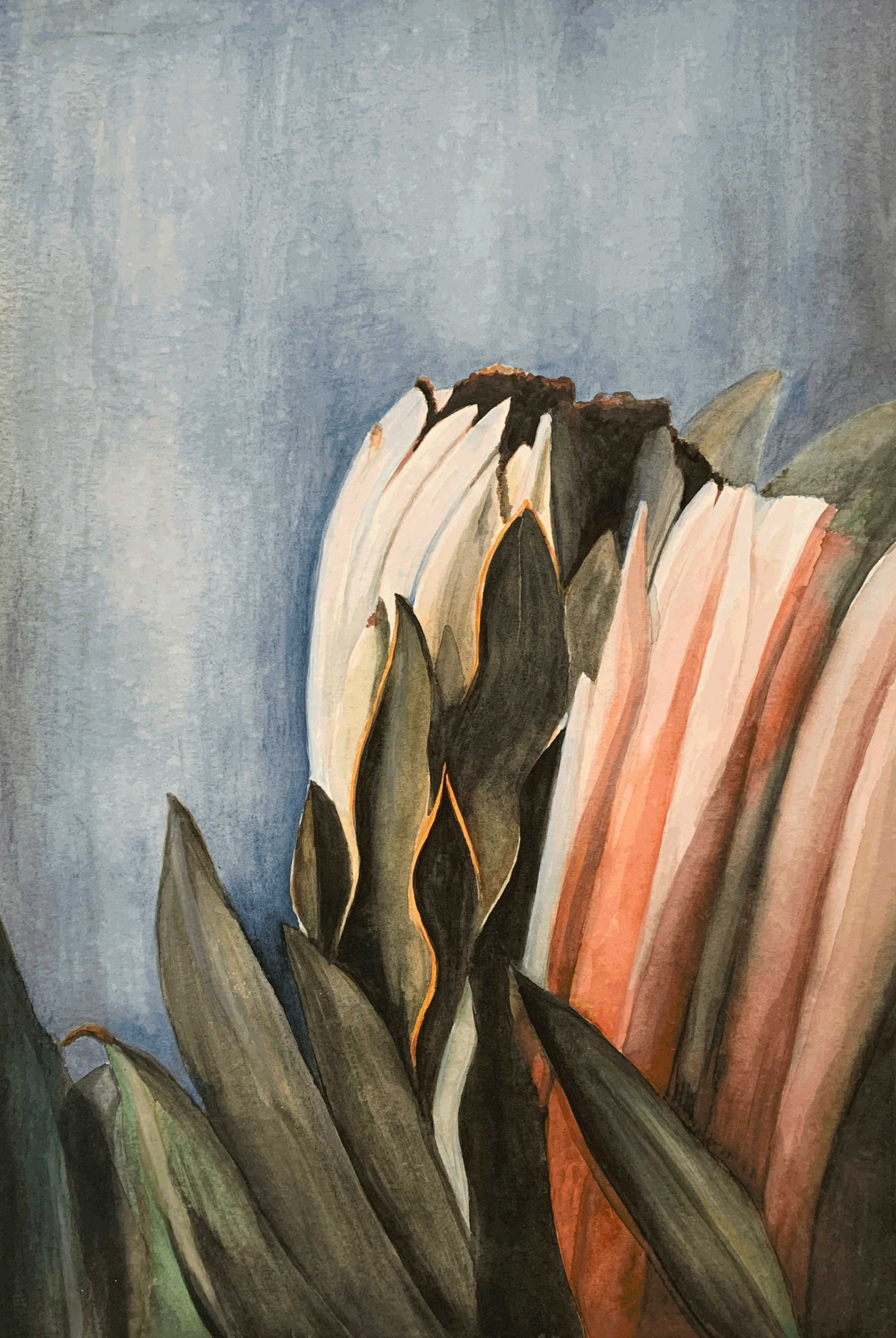 A close-up painting of a plant with large leaves and a tall flower or bud, abstracted in earthy tones with a blue background.