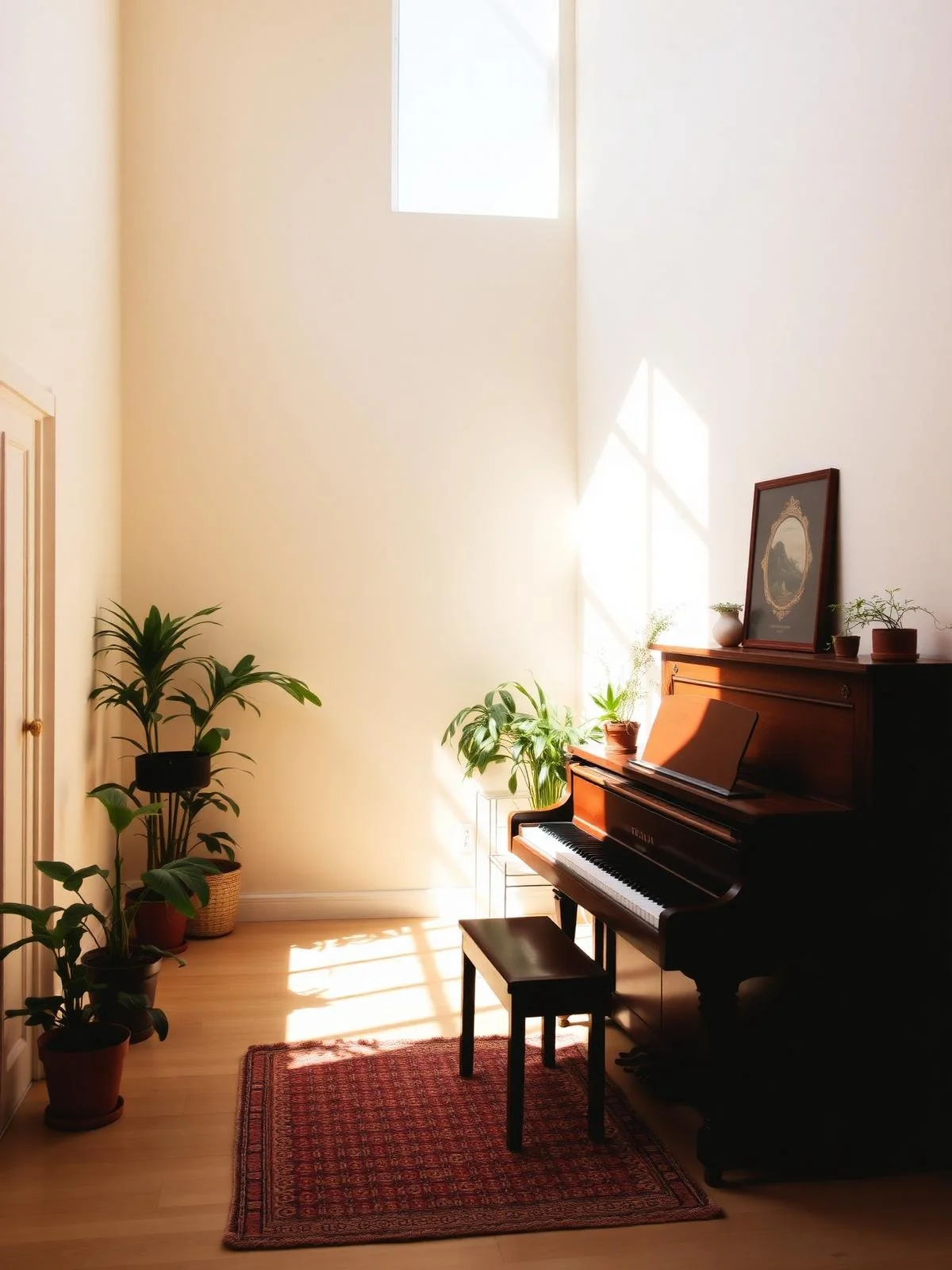Sunlit room with a black upright piano, framed artwork, potted plants, a small rug, and a wooden door.