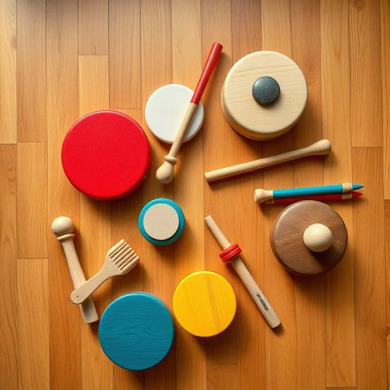 Colorful wooden toy drums, mallets, and accessories arranged on a wooden floor.