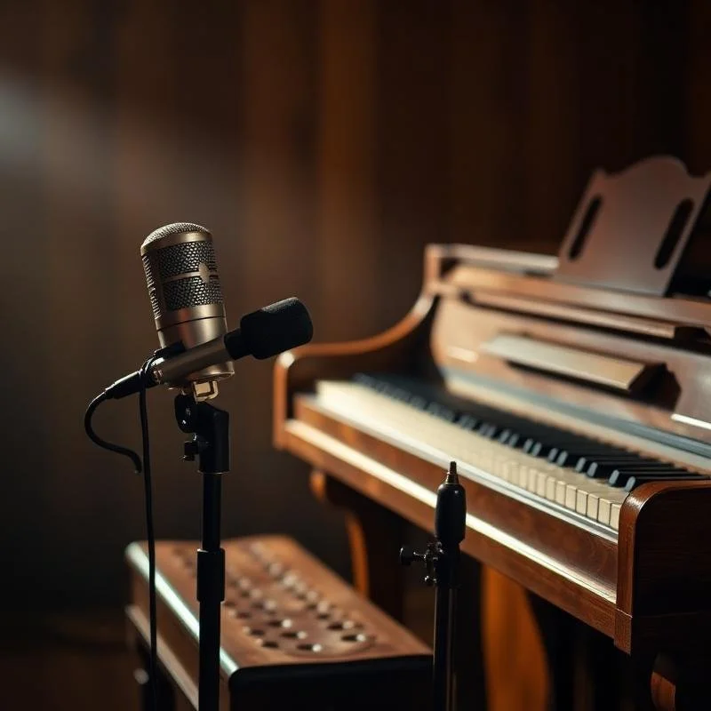 A vintage-style microphone positioned in front of an upright piano in a dimly lit room, suggesting a music or recording setup.