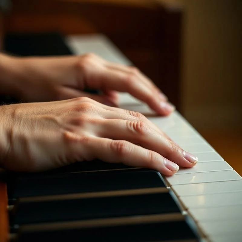 Close-up of a person's hands playing a piano keyboard.