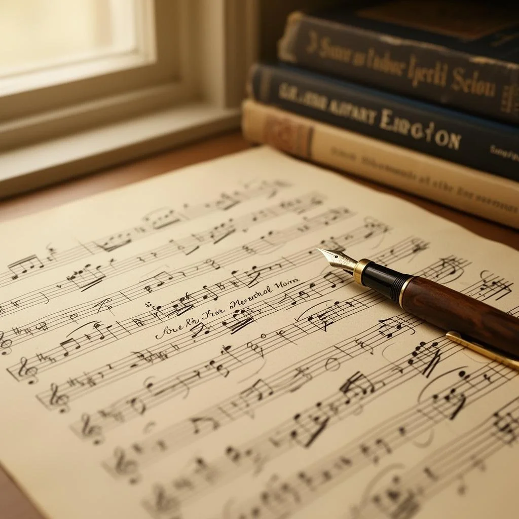 Sheet music with a fountain pen resting on it, placed on a wooden surface near a window, with a stack of books in the background.