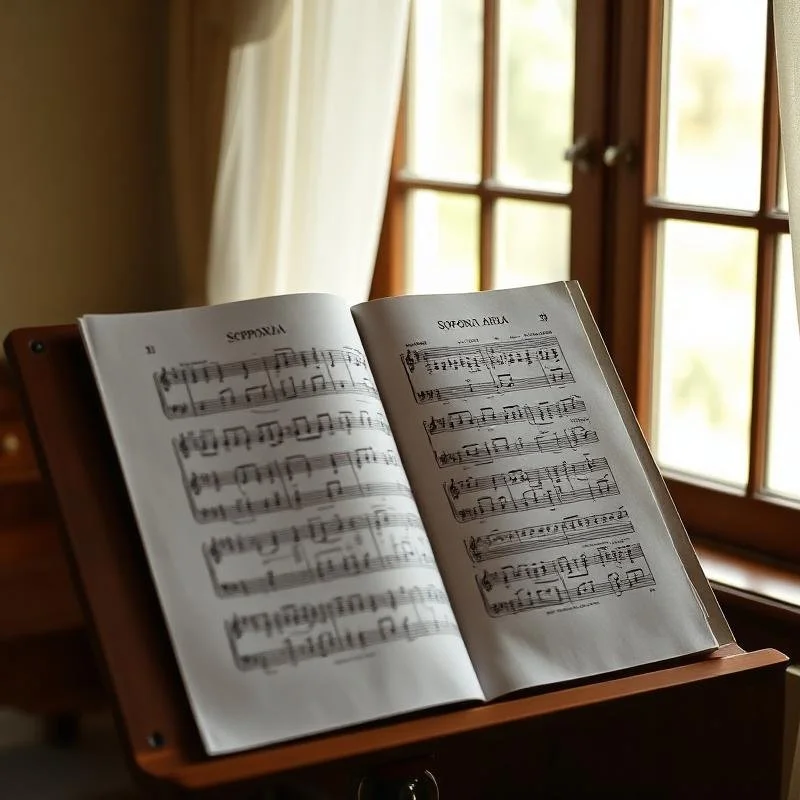 Open sheet music book on a wooden stand with a window and curtains in the background.
